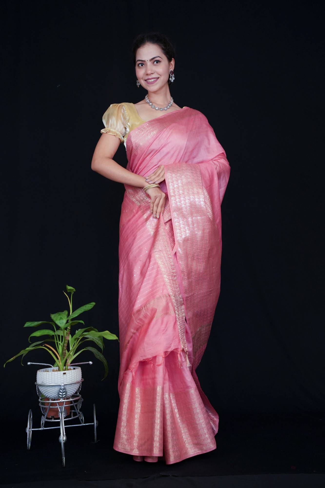 Beautiful Pink Kota Silk With Doby Zari Border Ready To Wear Saree