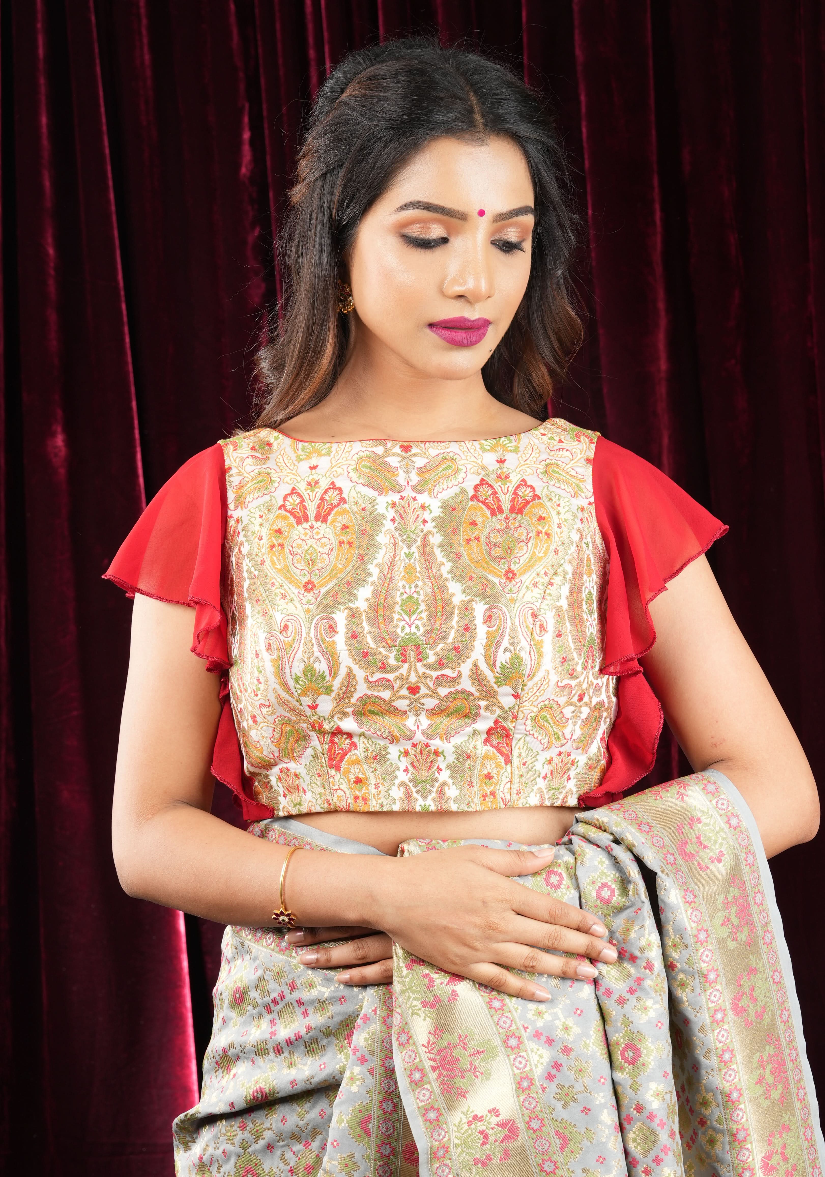 Banarasi Multicolor Brocade Blouse with side frills in Georgette | Shobitam
