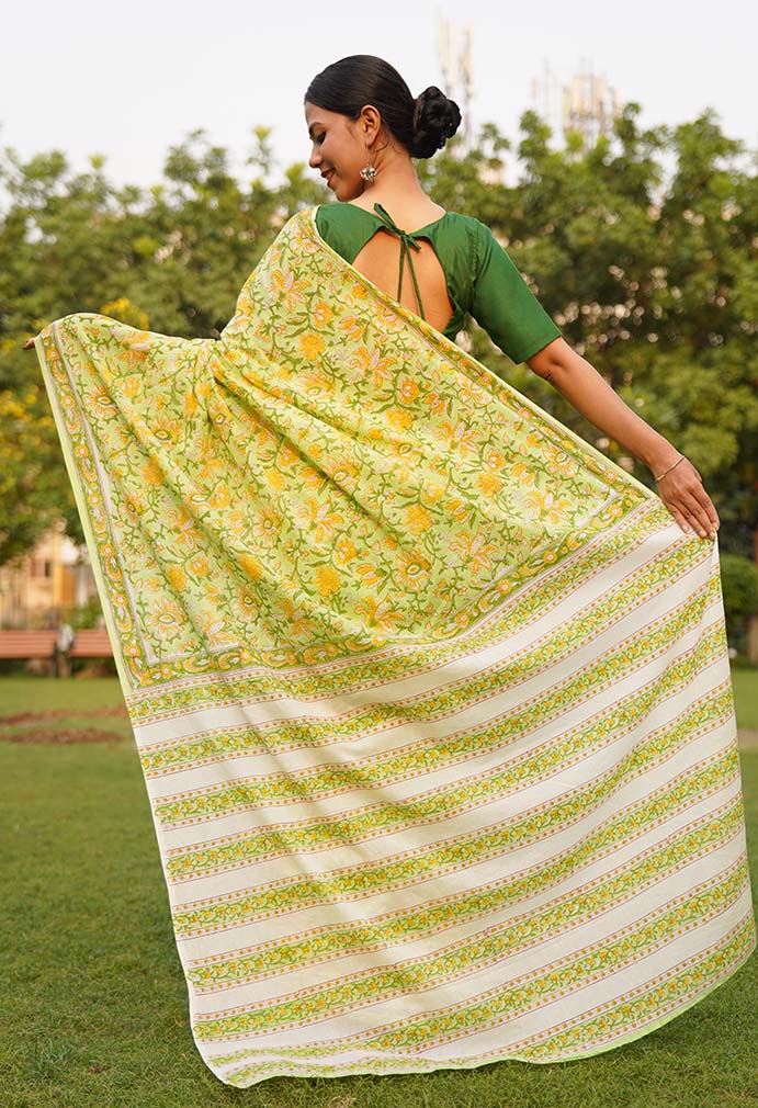 As cool as a lemonade quirky handblock print sanganeri mulmul ready to wear saree