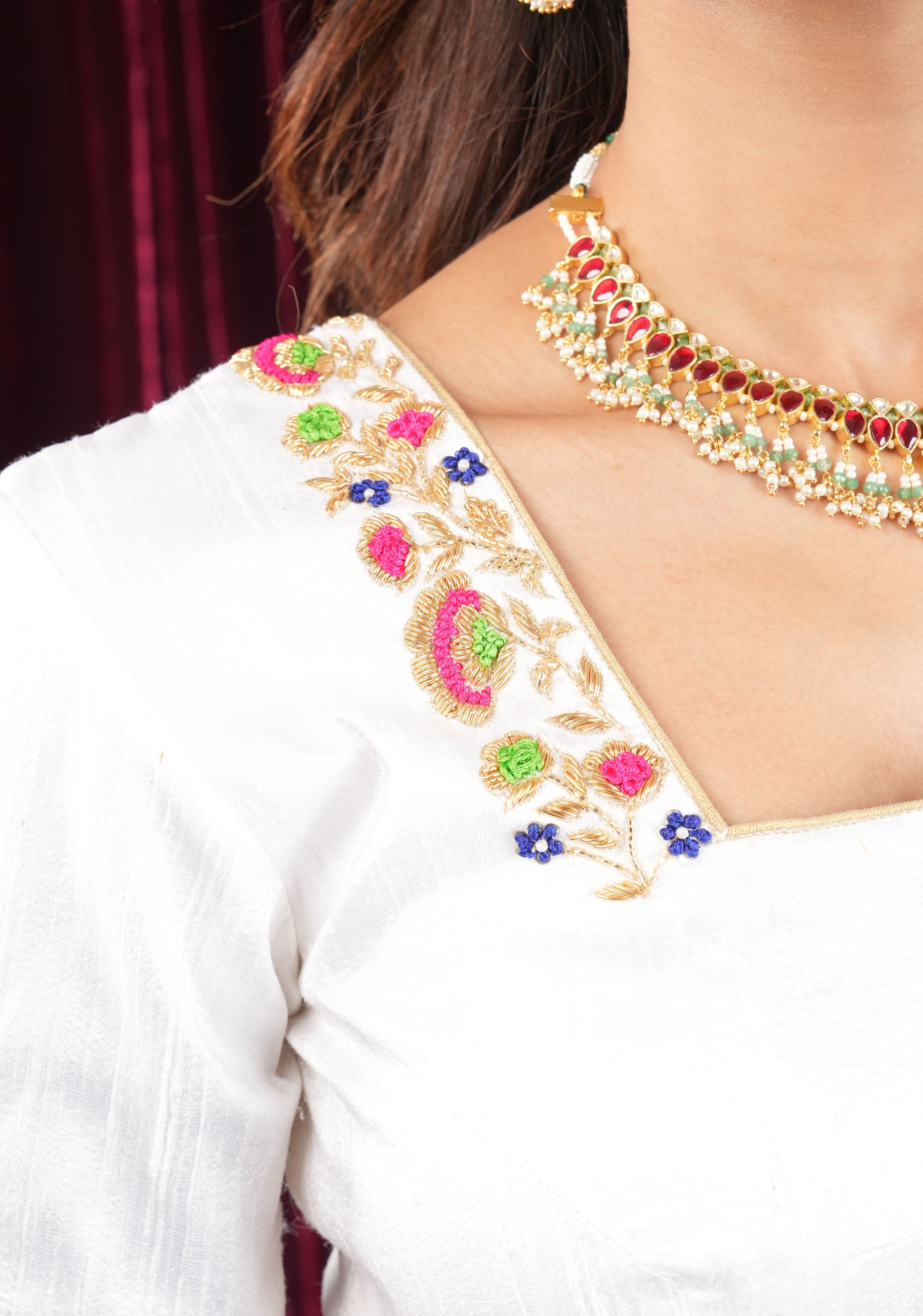 Off White Pure Raw Silk Blouse with multicolor Resham Hand Embroidery | Shobitam
