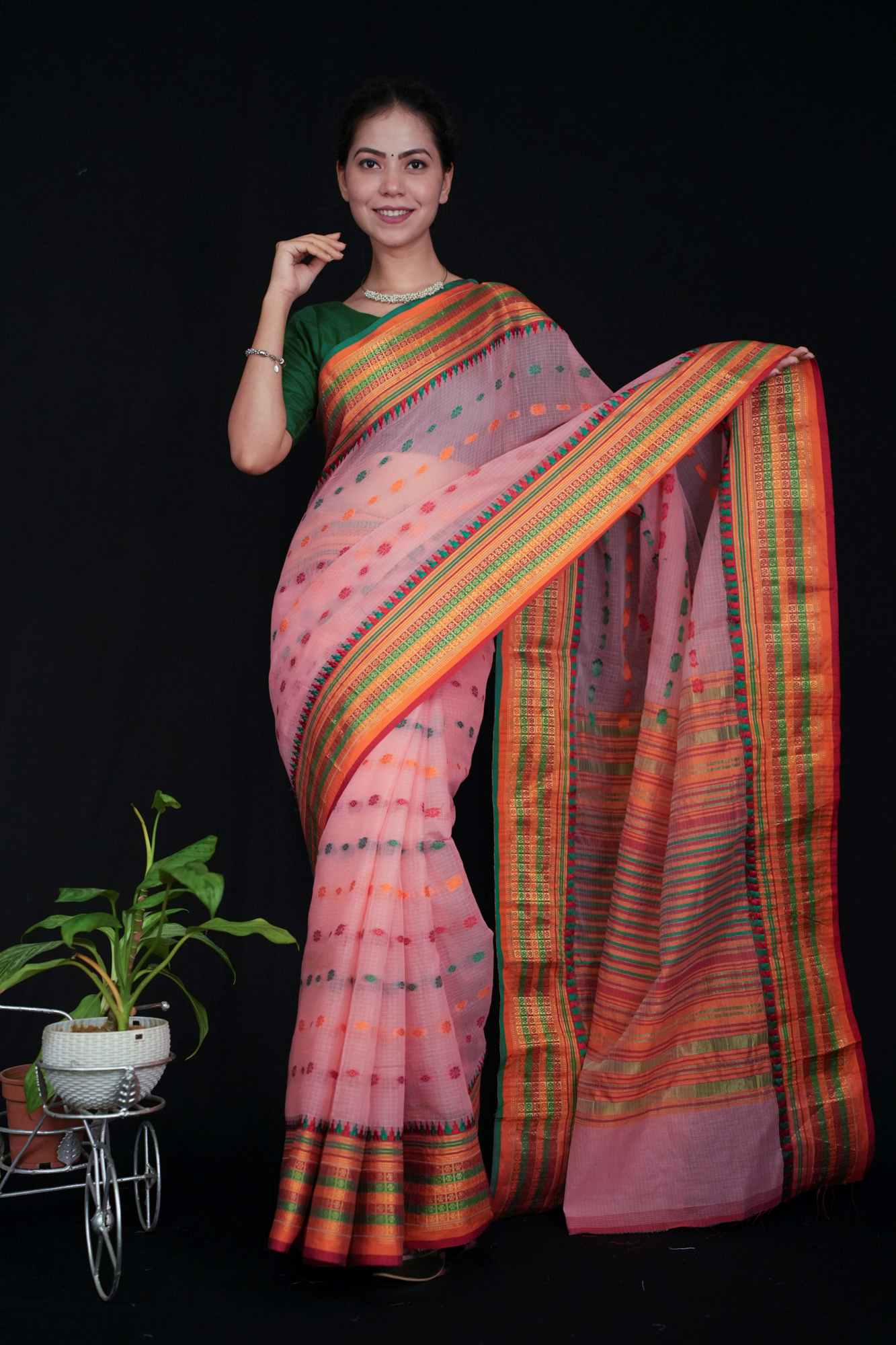 Kota Doria Cotton  With Overall Thread Work & Zari Border Wrap in 1 minute Saree