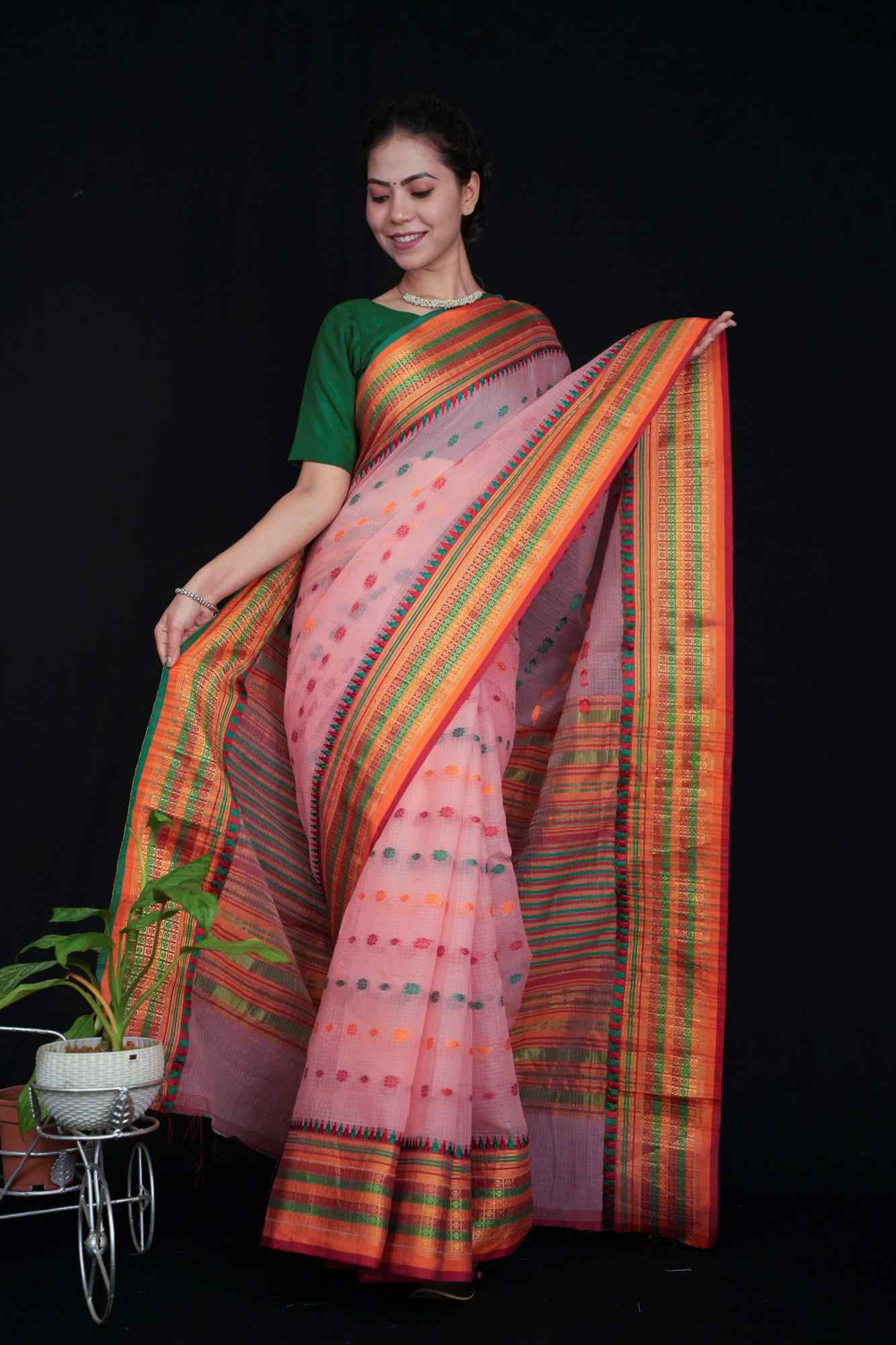 Kota Doria Cotton  With Overall Thread Work & Zari Border Wrap in 1 minute Saree