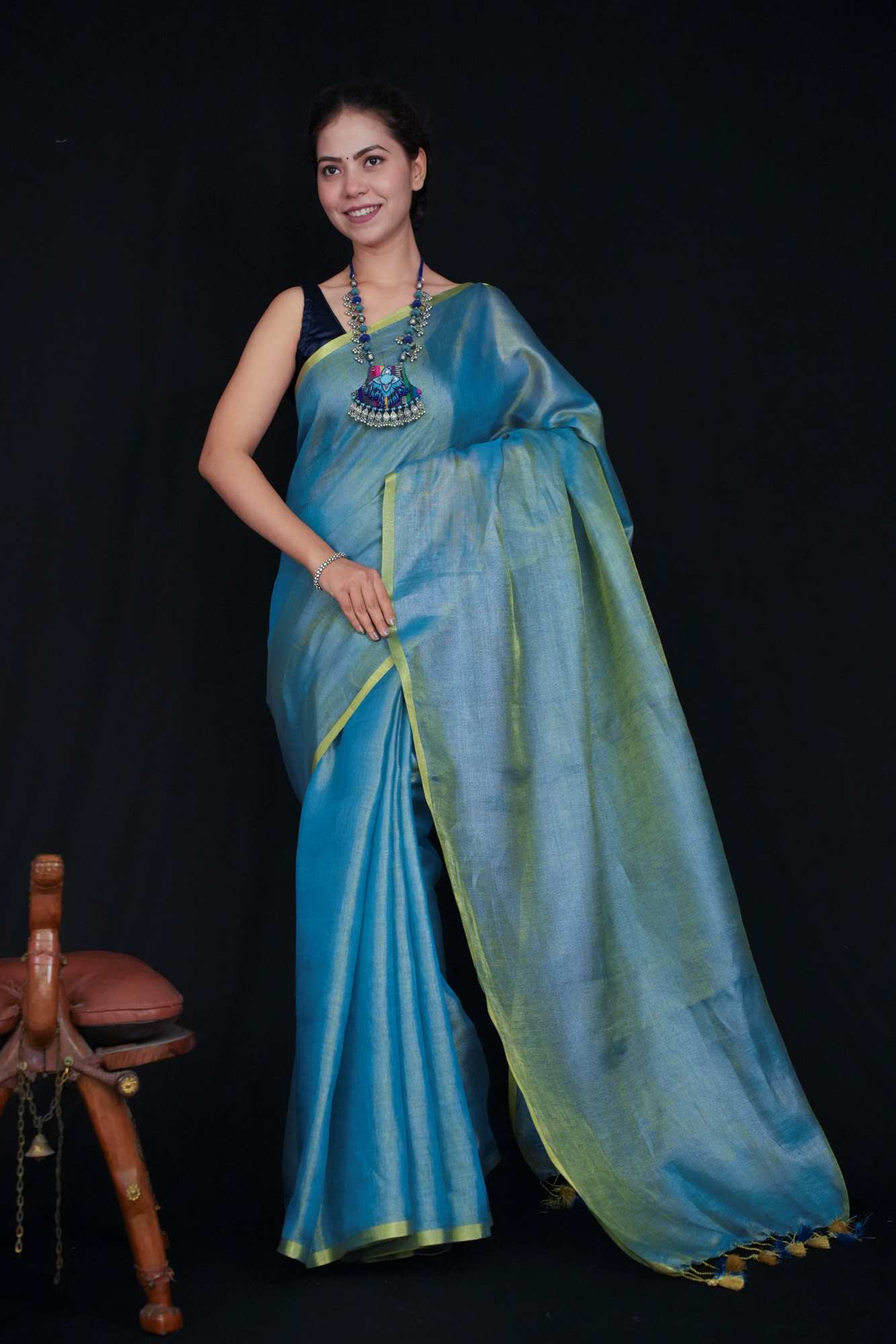 Soft Blue Metallic Tissue With Solid Zari Border Ready To Wear Saree