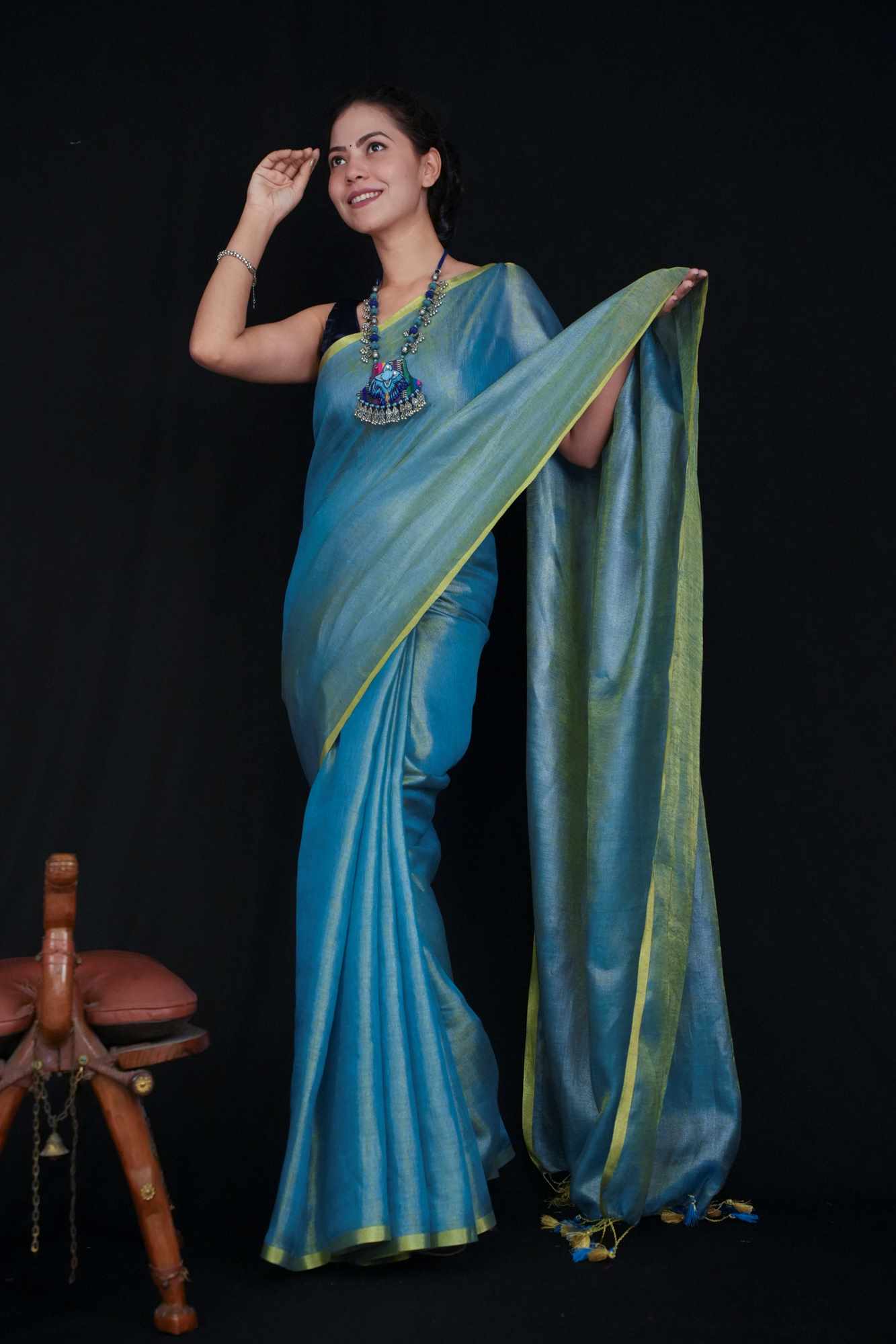 Soft Blue Metallic Tissue With Solid Zari Border Ready To Wear Saree