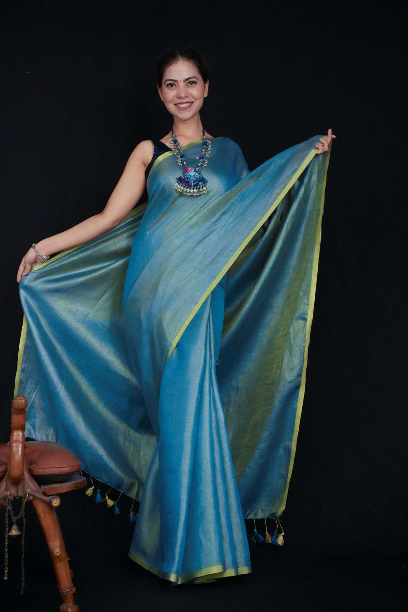 Soft Blue Metallic Tissue With Solid Zari Border Ready To Wear Saree