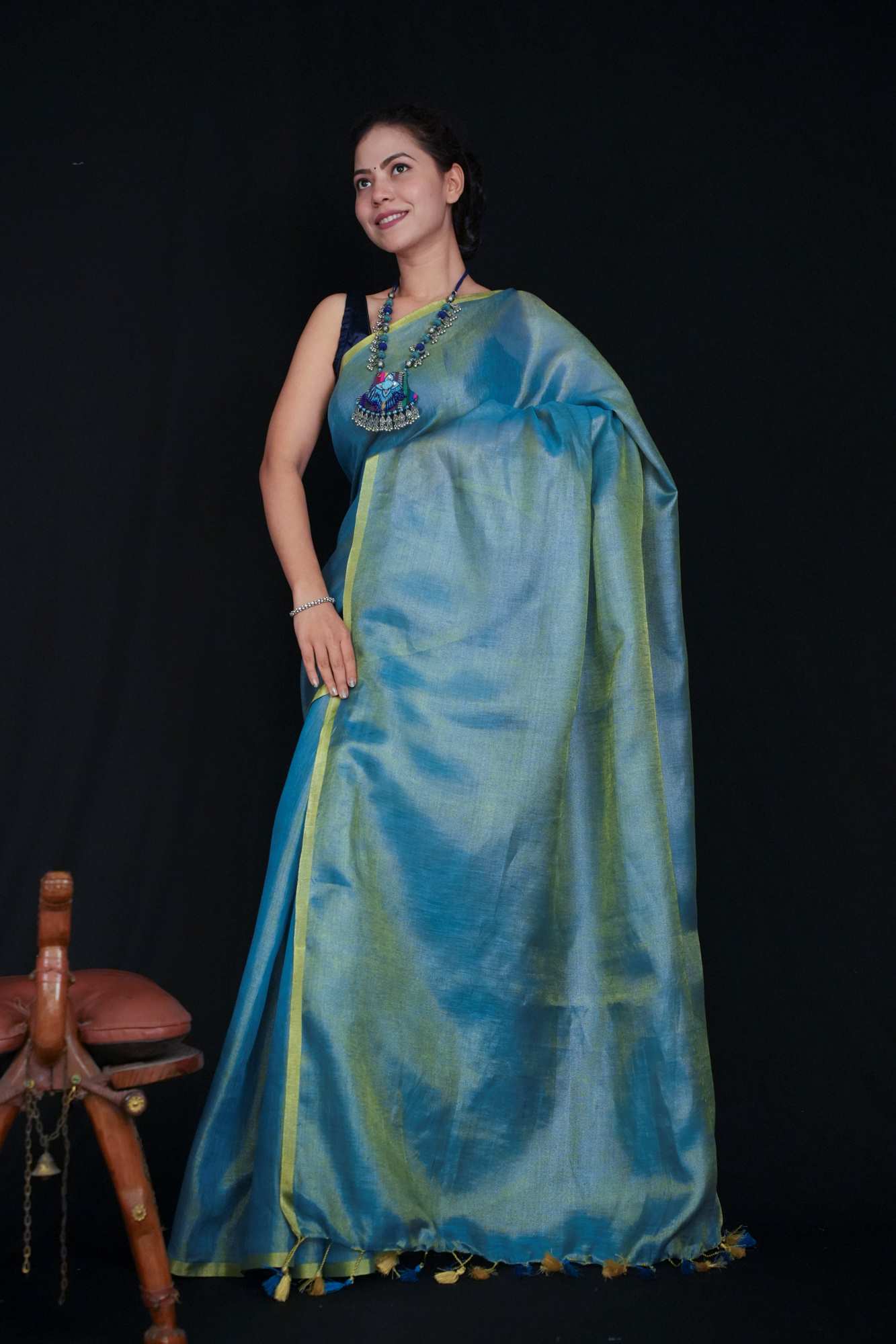 Soft Blue Metallic Tissue With Solid Zari Border Ready To Wear Saree