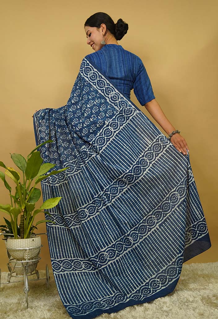 Pre stitched saree Indigo Handblock Print mulmul one minute saree