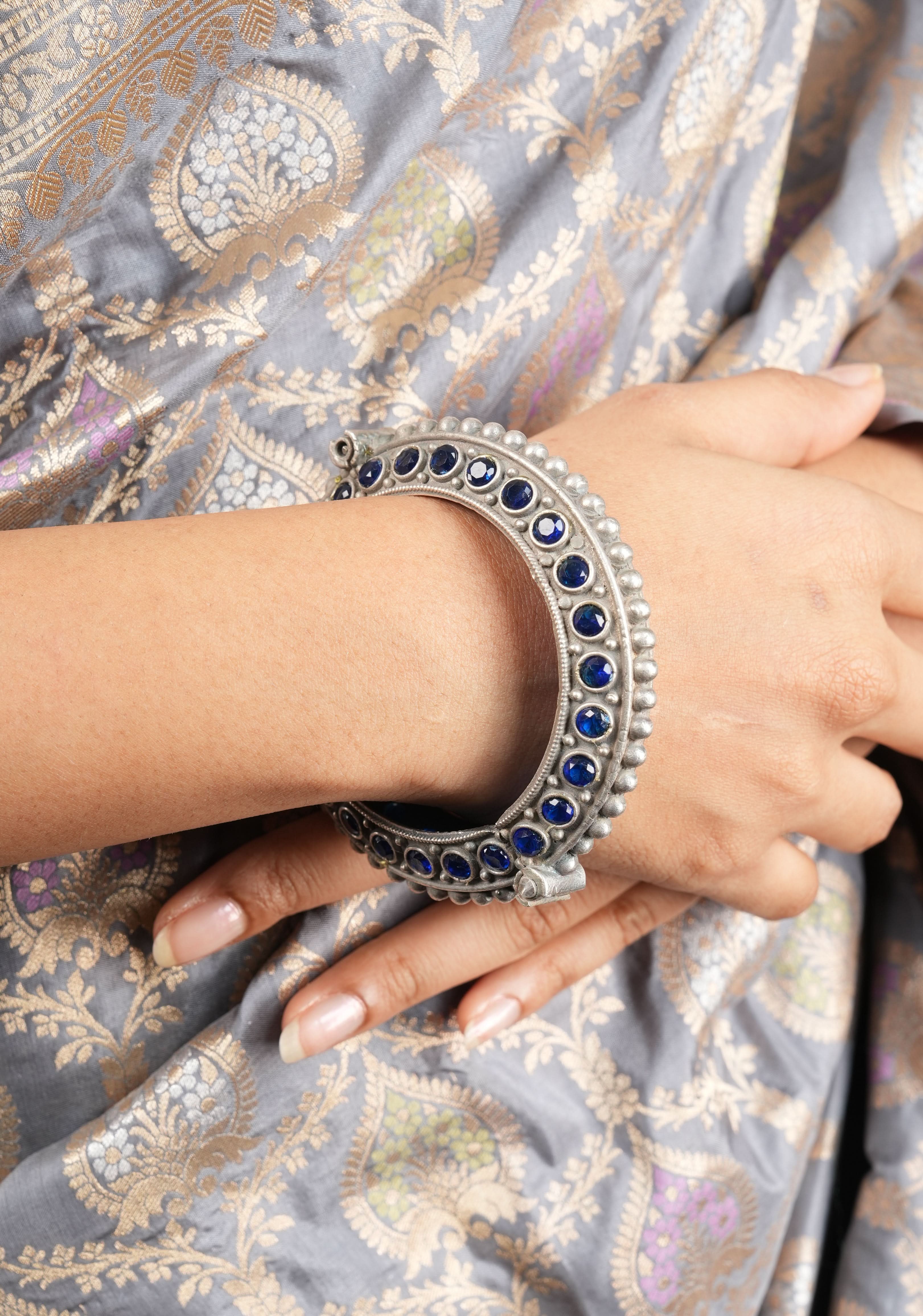 SIZE 2.4 Antique Silver Finish  with blue stones  design and Openable Kada | Shobitam Jewelry