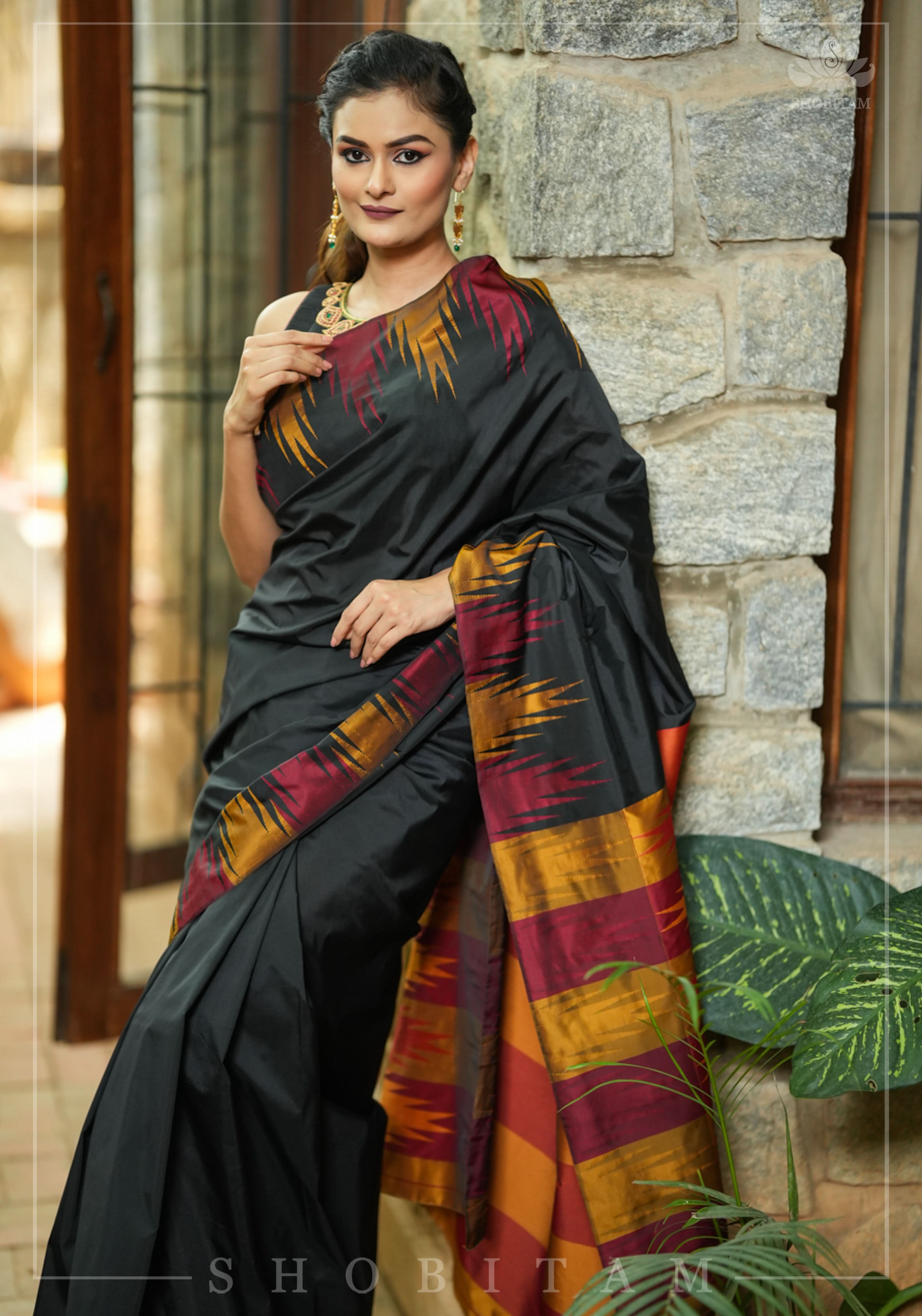 Two tone, Two side Temple Border on black Art Silk Saree | Shobitam