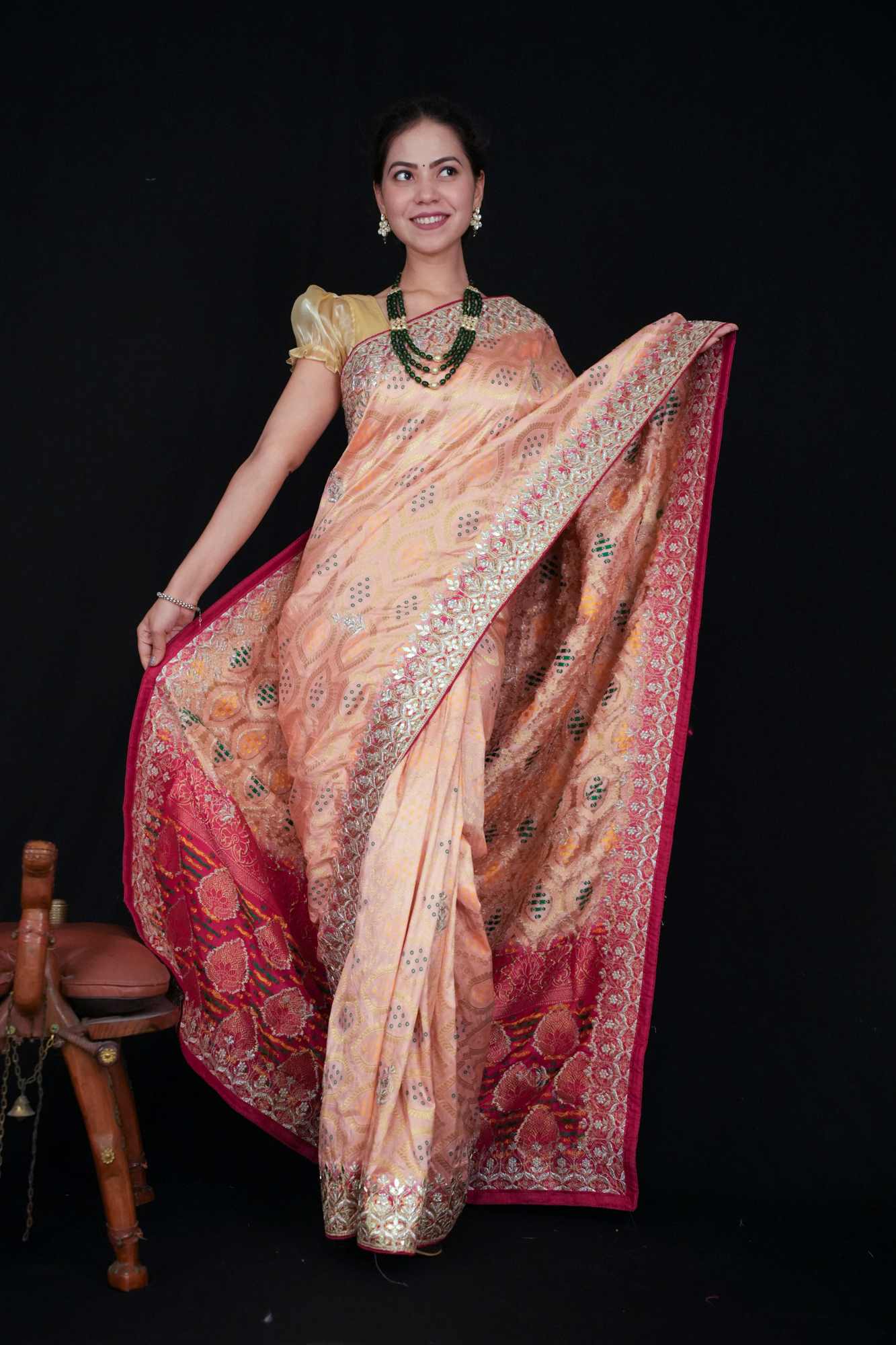 Beautiful Peach With Bandhej Print & Gota Patti Detailed Border Ornate Palla Wrap In One Minute Saree