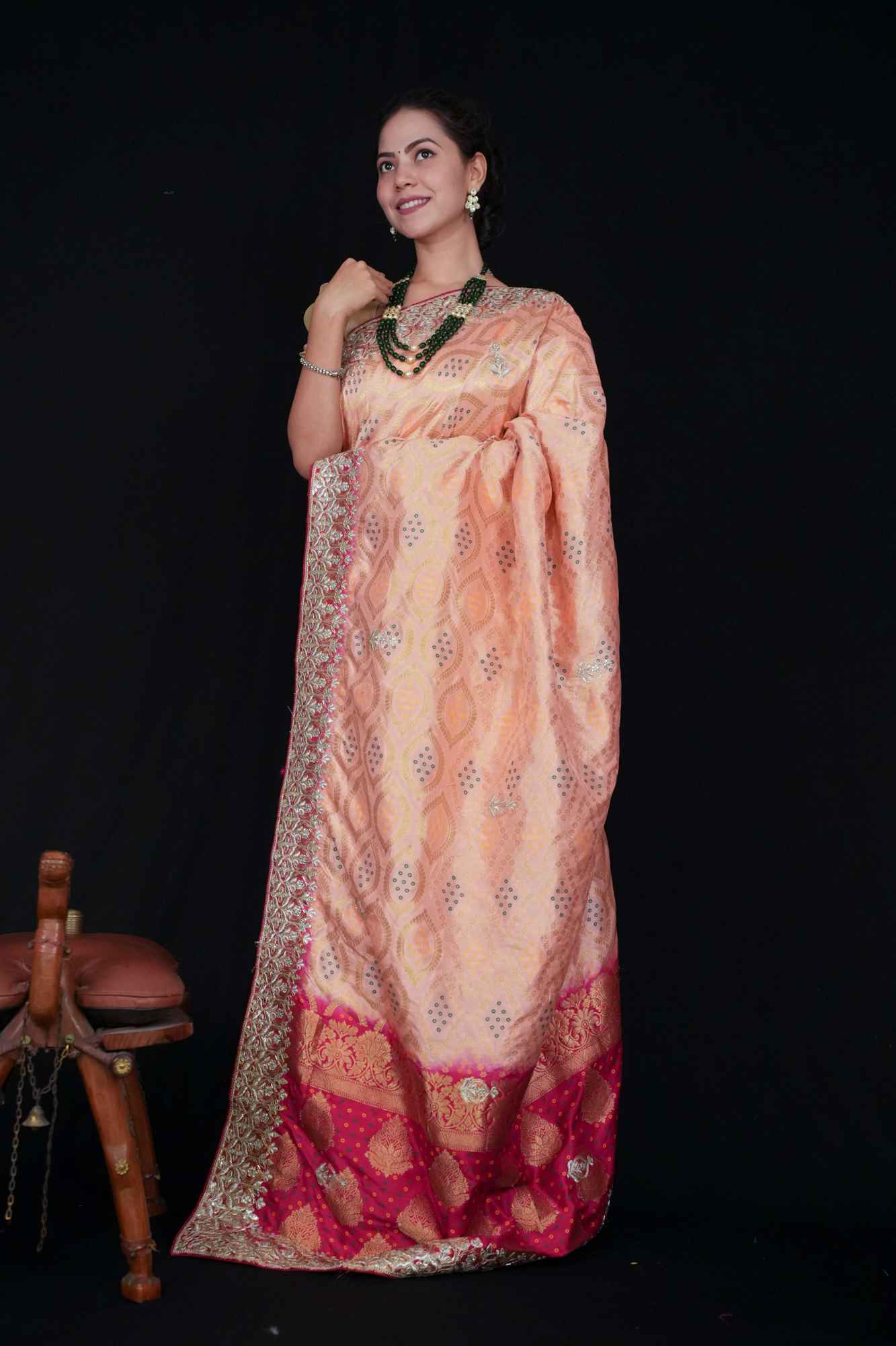 Beautiful Peach With Bandhej Print & Gota Patti Detailed Border Ornate Palla Wrap In One Minute Saree