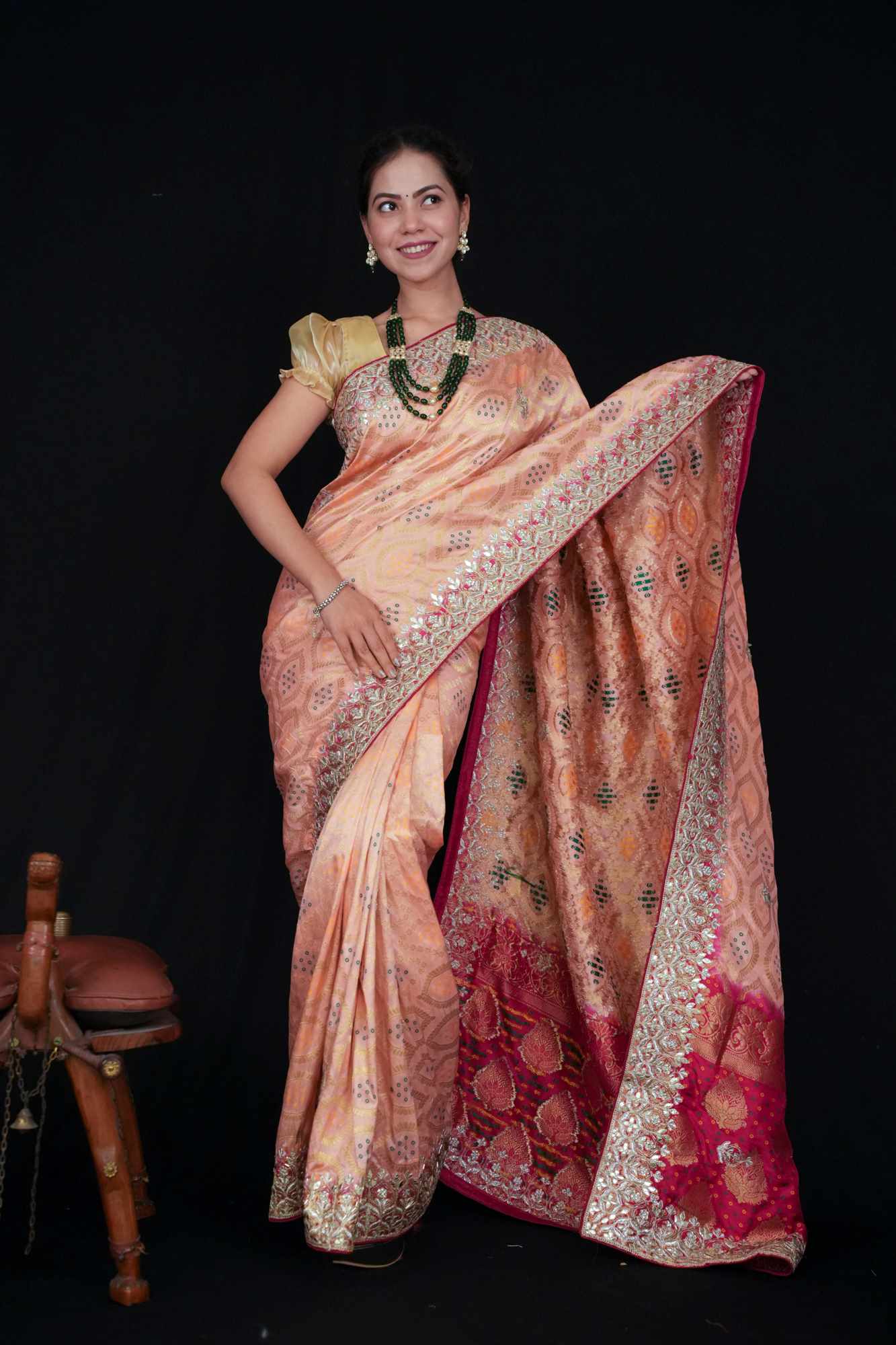 Beautiful Peach With Bandhej Print & Gota Patti Detailed Border Ornate Palla Wrap In One Minute Saree