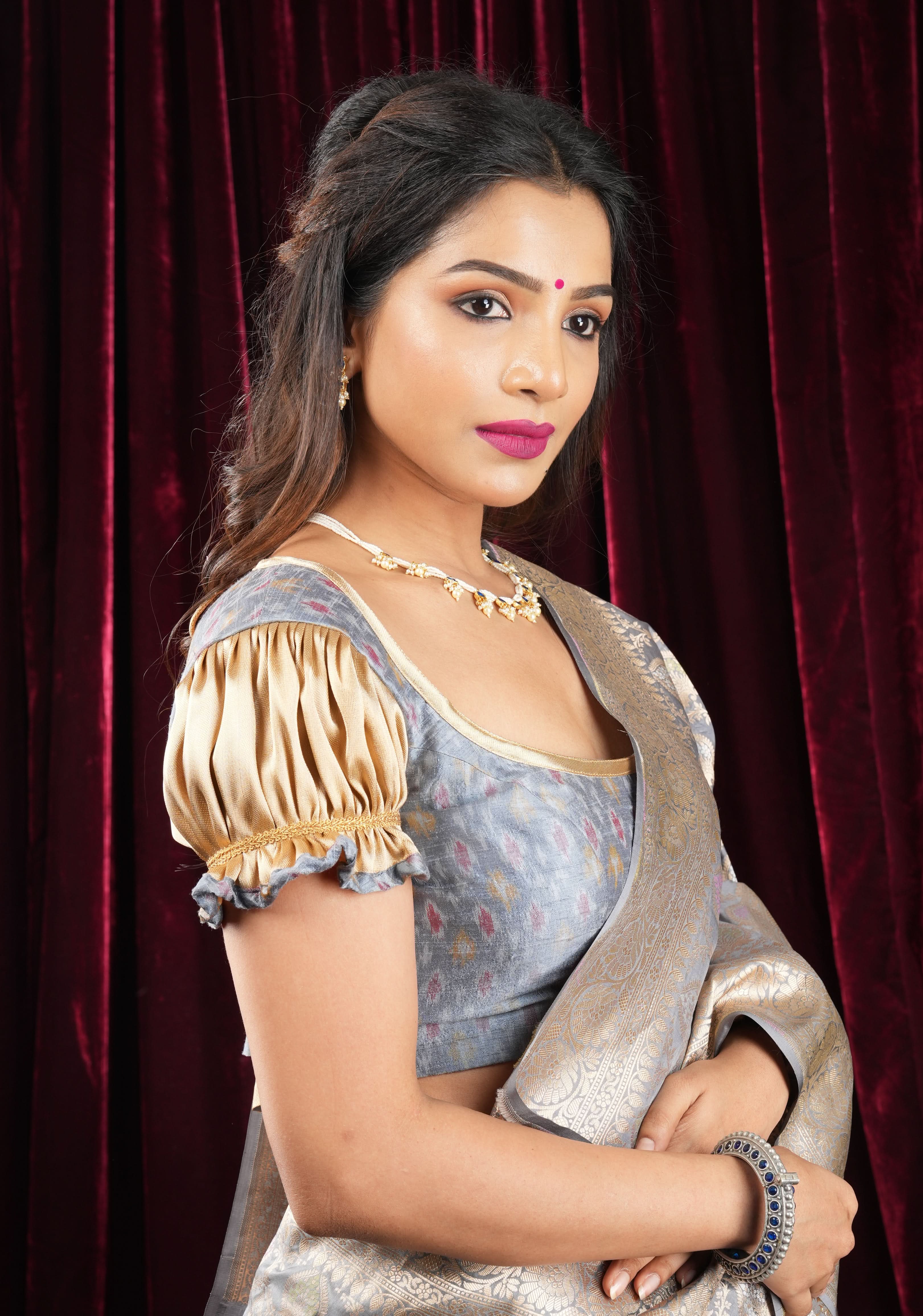 Gray Pure Ikkat Raw Silk Blouse with scoop neck and Gold Puff Sleeves | Shobitam