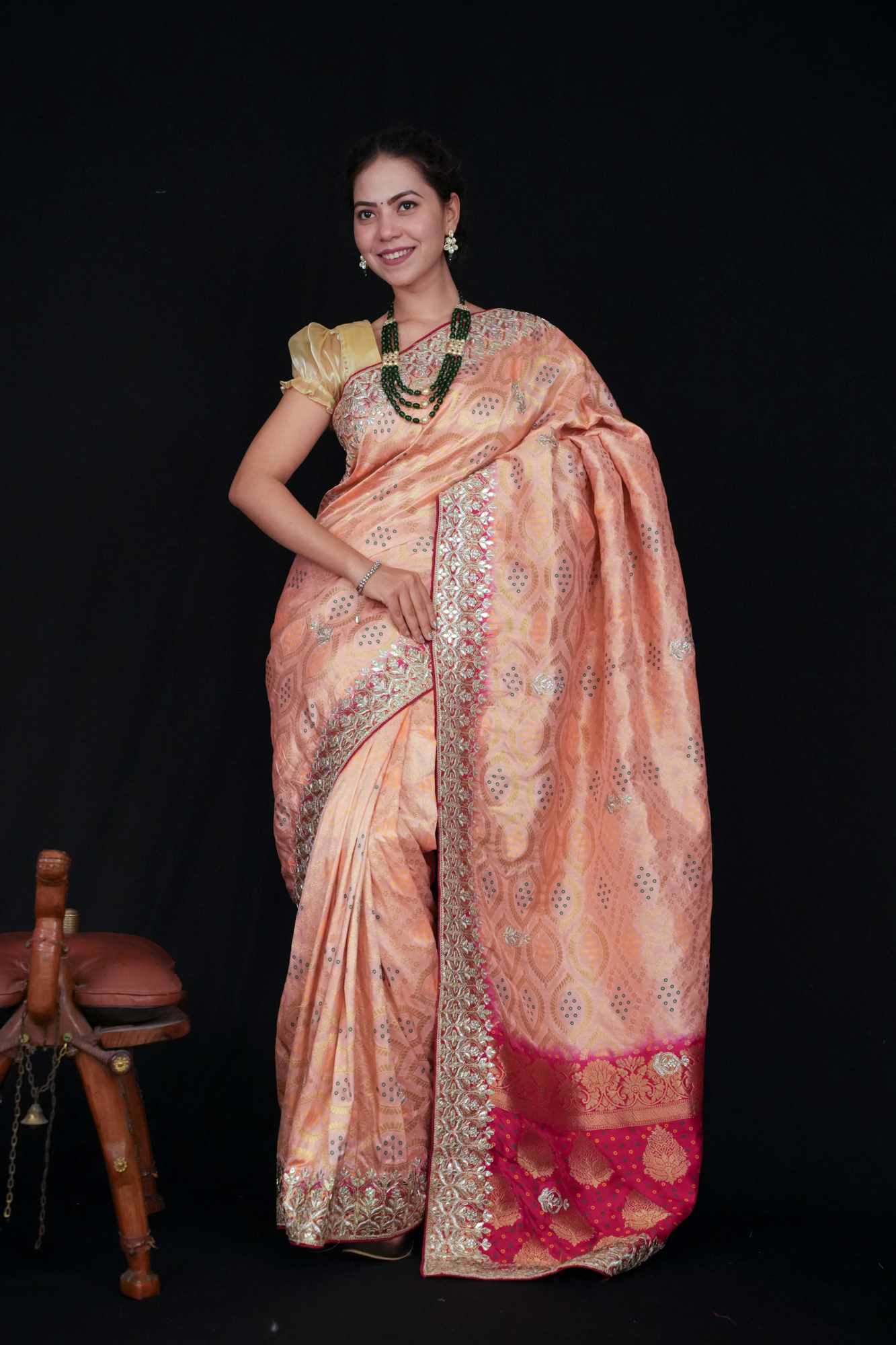 Beautiful Peach With Bandhej Print & Gota Patti Detailed Border Ornate Palla Wrap In One Minute Saree