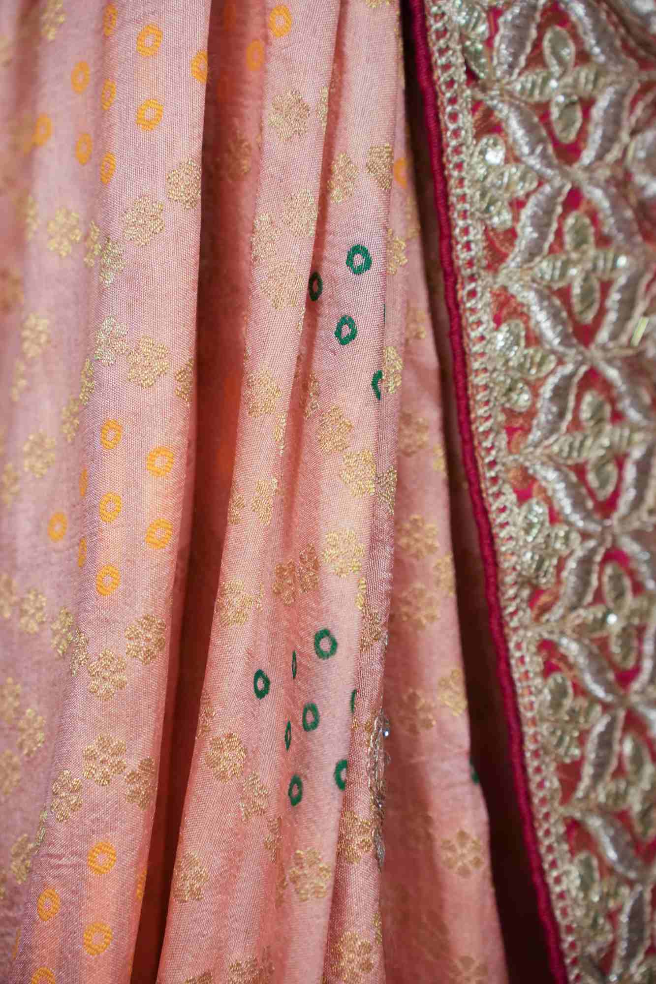 Beautiful Peach With Bandhej Print & Gota Patti Detailed Border Ornate Palla Wrap In One Minute Saree