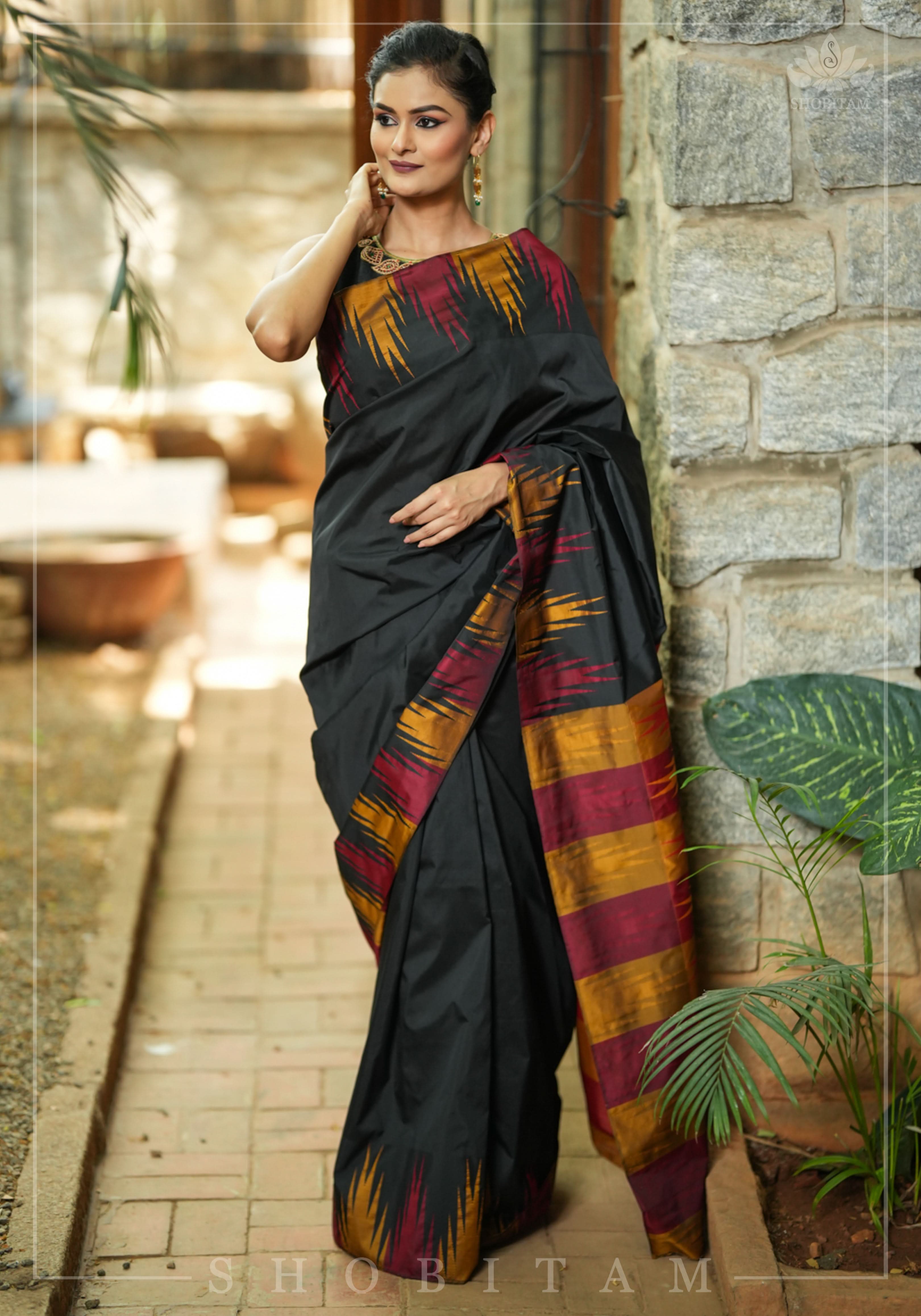 Two tone, Two side Temple Border on black Art Silk Saree | Shobitam