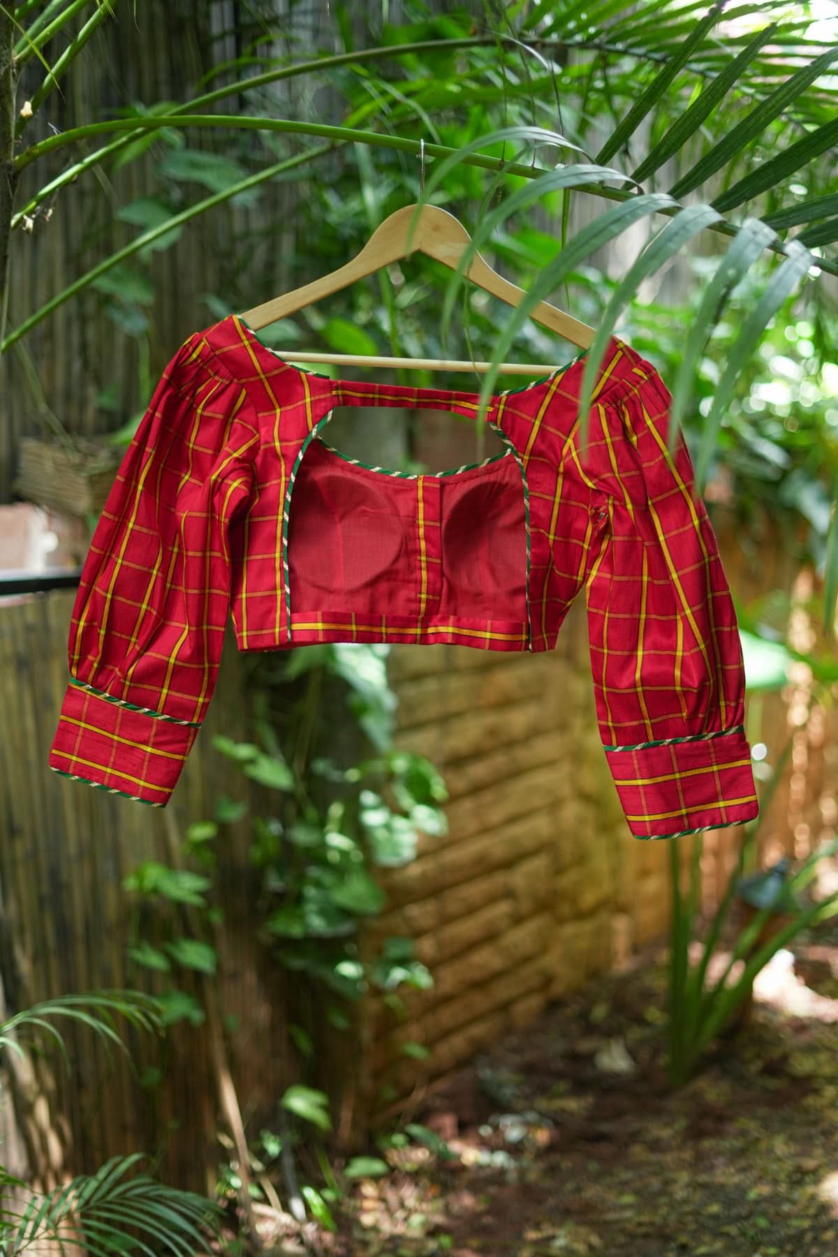 Red checked pure rawsilk u neck blouse with puff sleeves | Shobitam