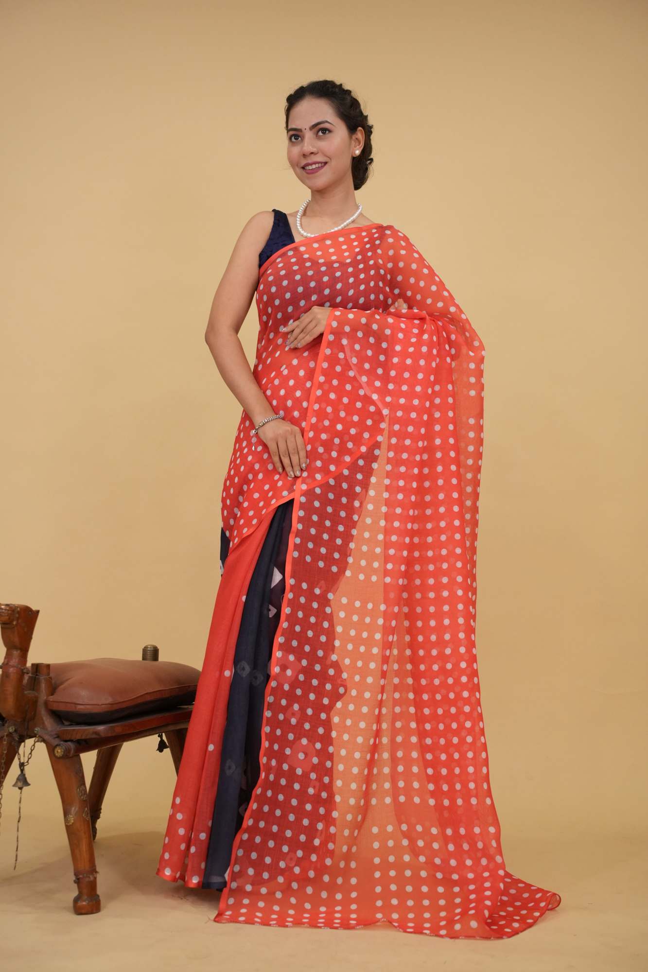 Retro Style Predraped Half And Half Black Bandhani & Red Polka Wrap In 1 Minute Saree