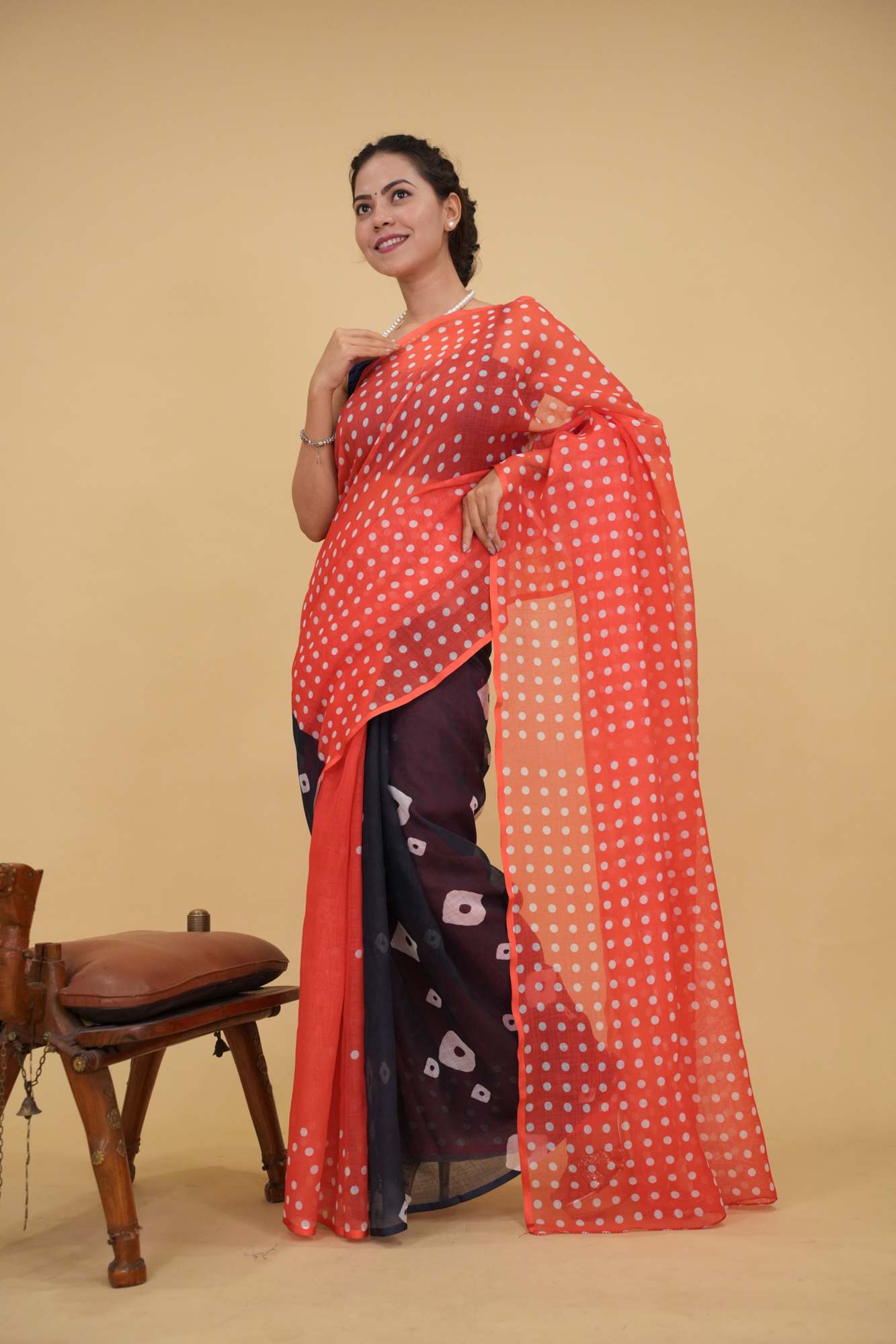 Retro Style Predraped Half And Half Black Bandhani & Red Polka Wrap In 1 Minute Saree