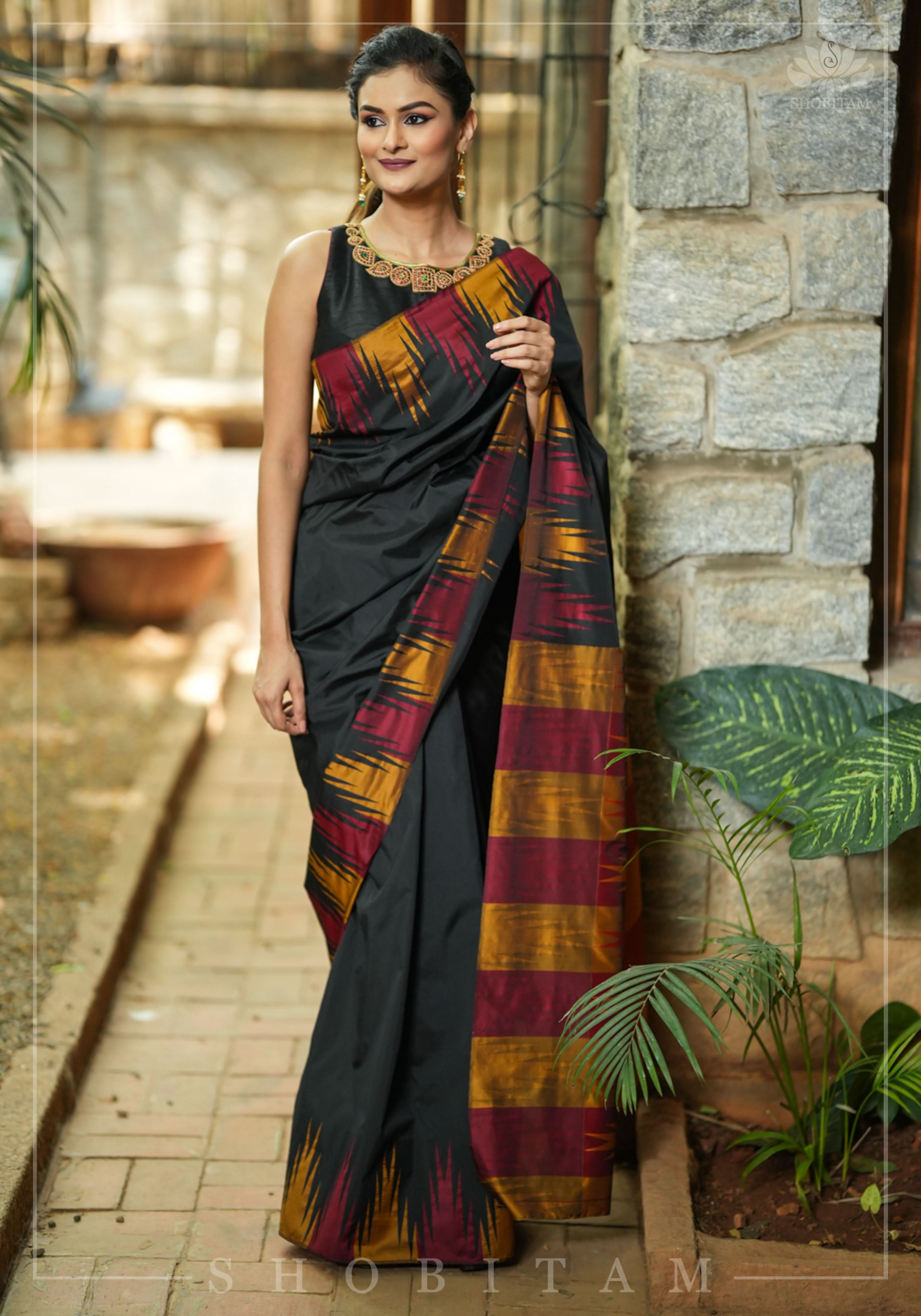 Two tone, Two side Temple Border on black Art Silk Saree | Shobitam