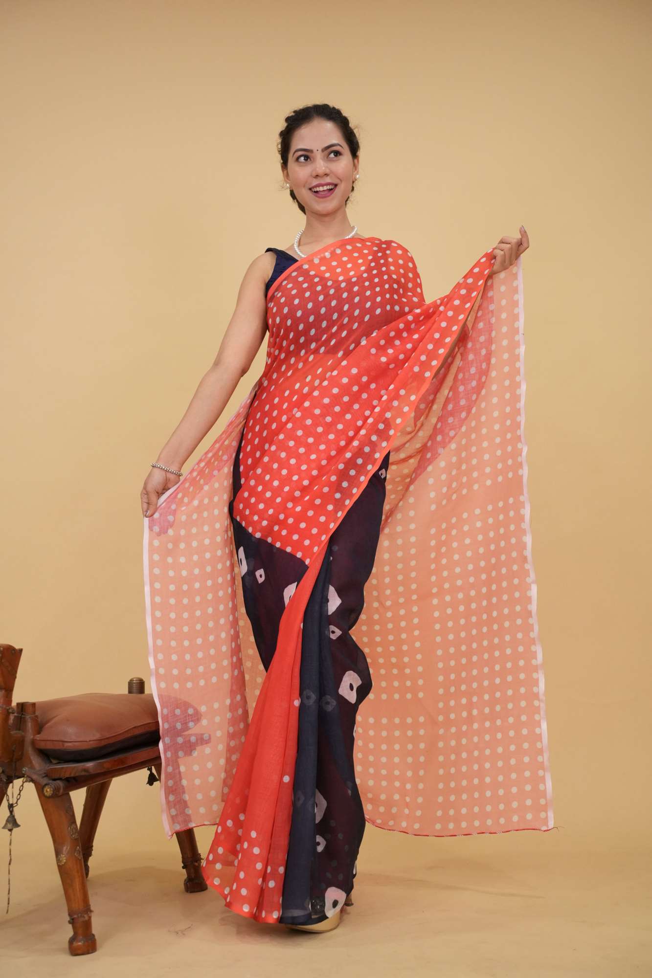 Retro Style Predraped Half And Half Black Bandhani & Red Polka Wrap In 1 Minute Saree