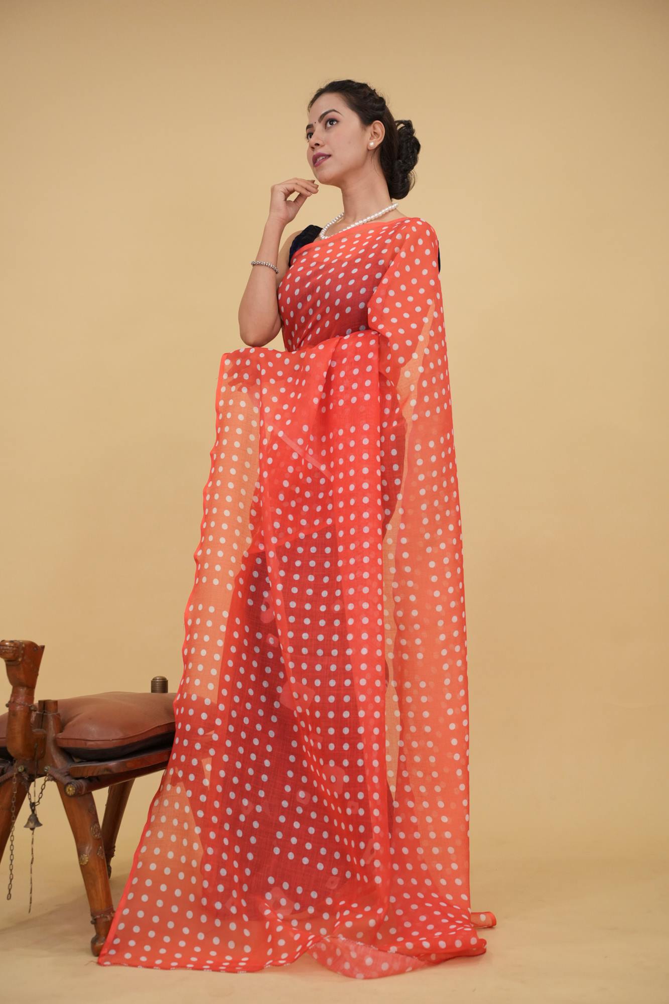 Retro Style Predraped Half And Half Black Bandhani & Red Polka Wrap In 1 Minute Saree