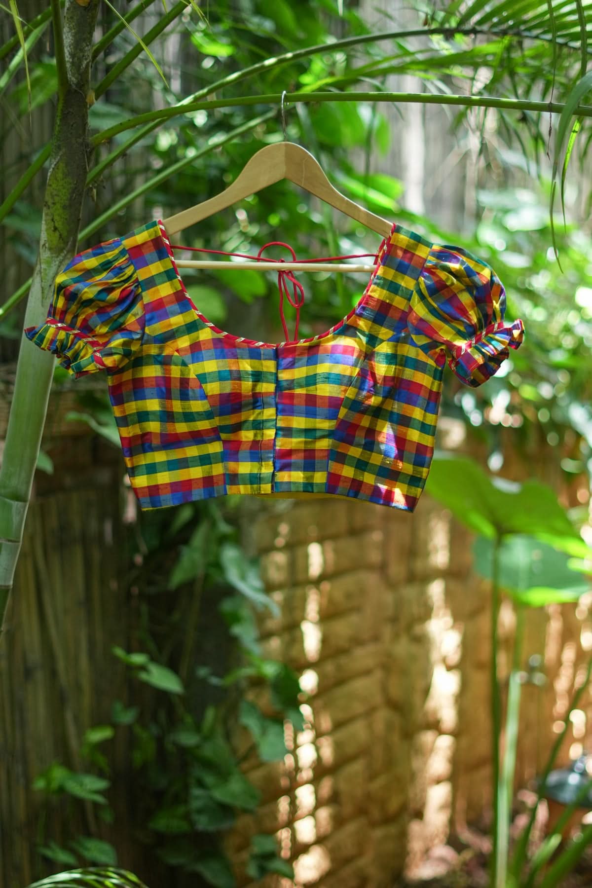 Multicolor small checked pure rawsilk u neck blouse with puff sleeves | Shobitam