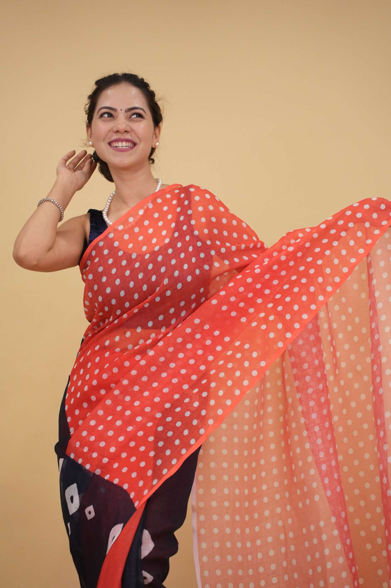 Retro Style Predraped Half And Half Black Bandhani & Red Polka Wrap In 1 Minute Saree