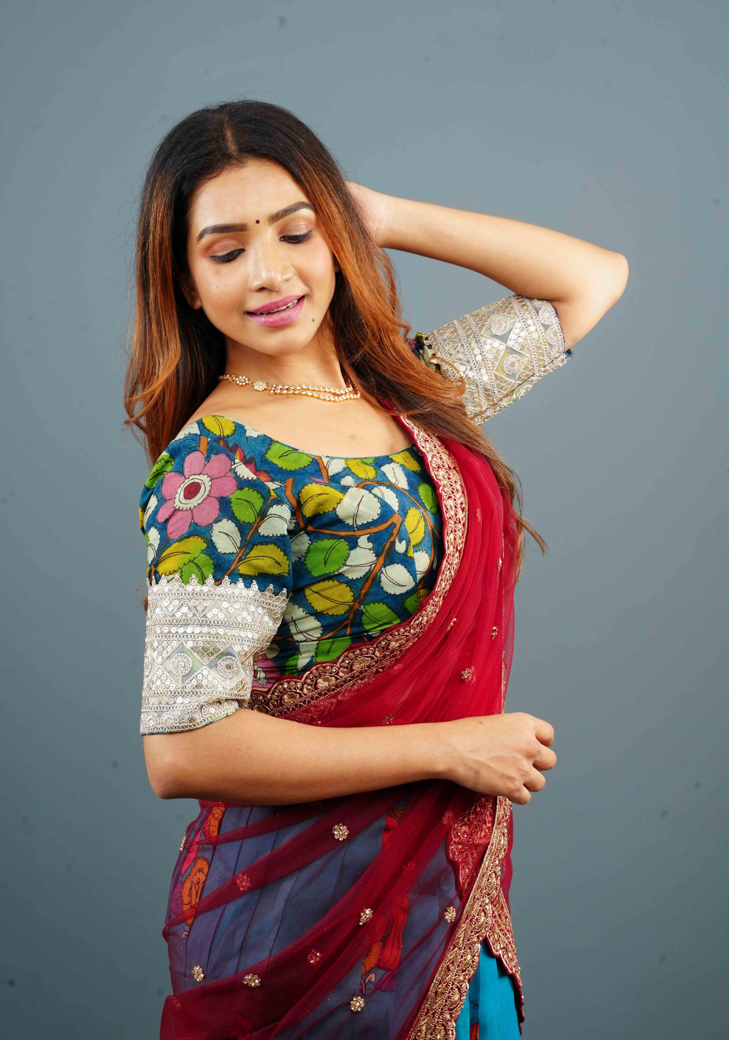 Blue Authentic Pen Kalamkari Scoop Neck Blouse with wide Lace Border on sleeves, Customizable, Made to Order | Shobitam