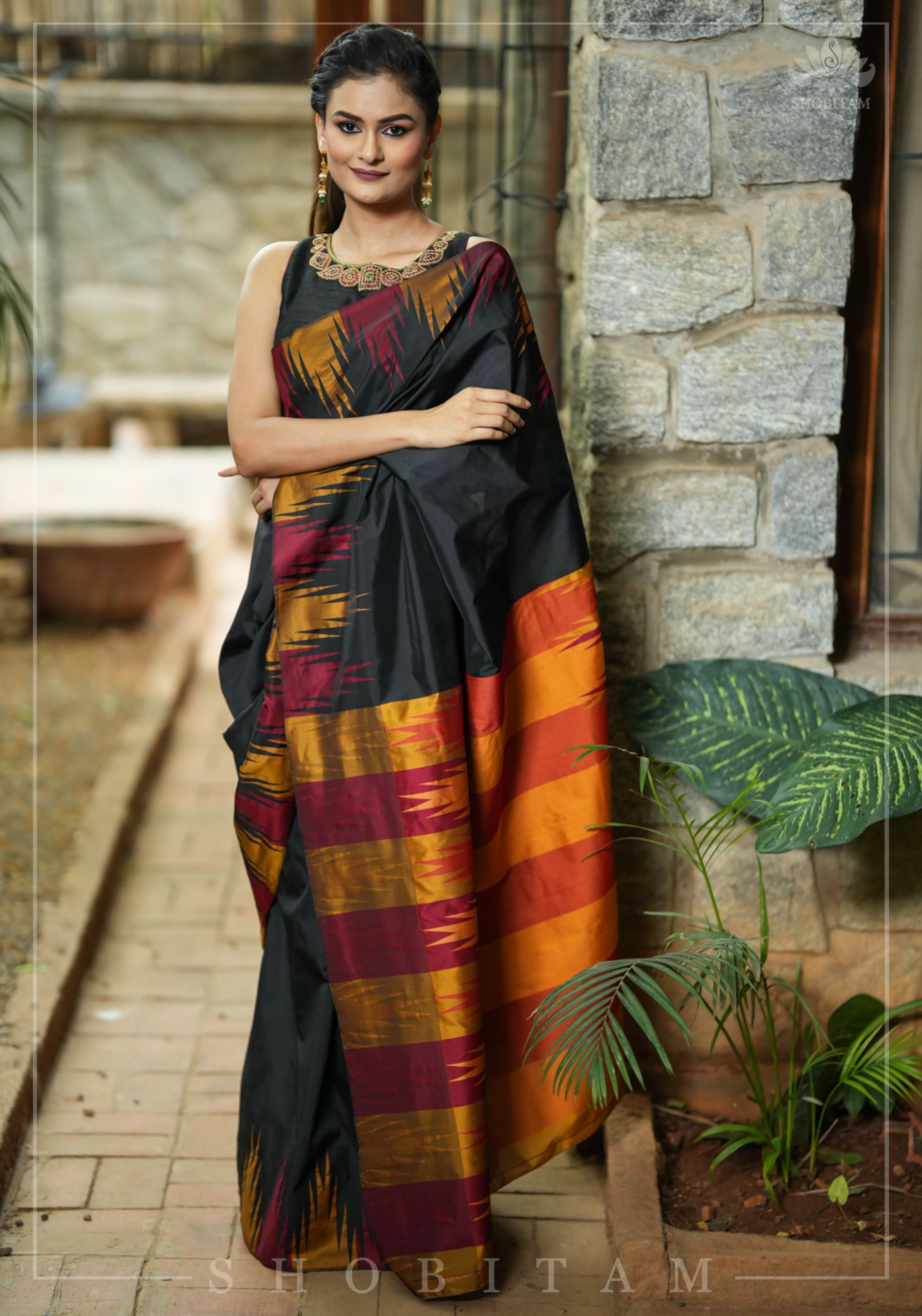 Two tone, Two side Temple Border on black Art Silk Saree | Shobitam