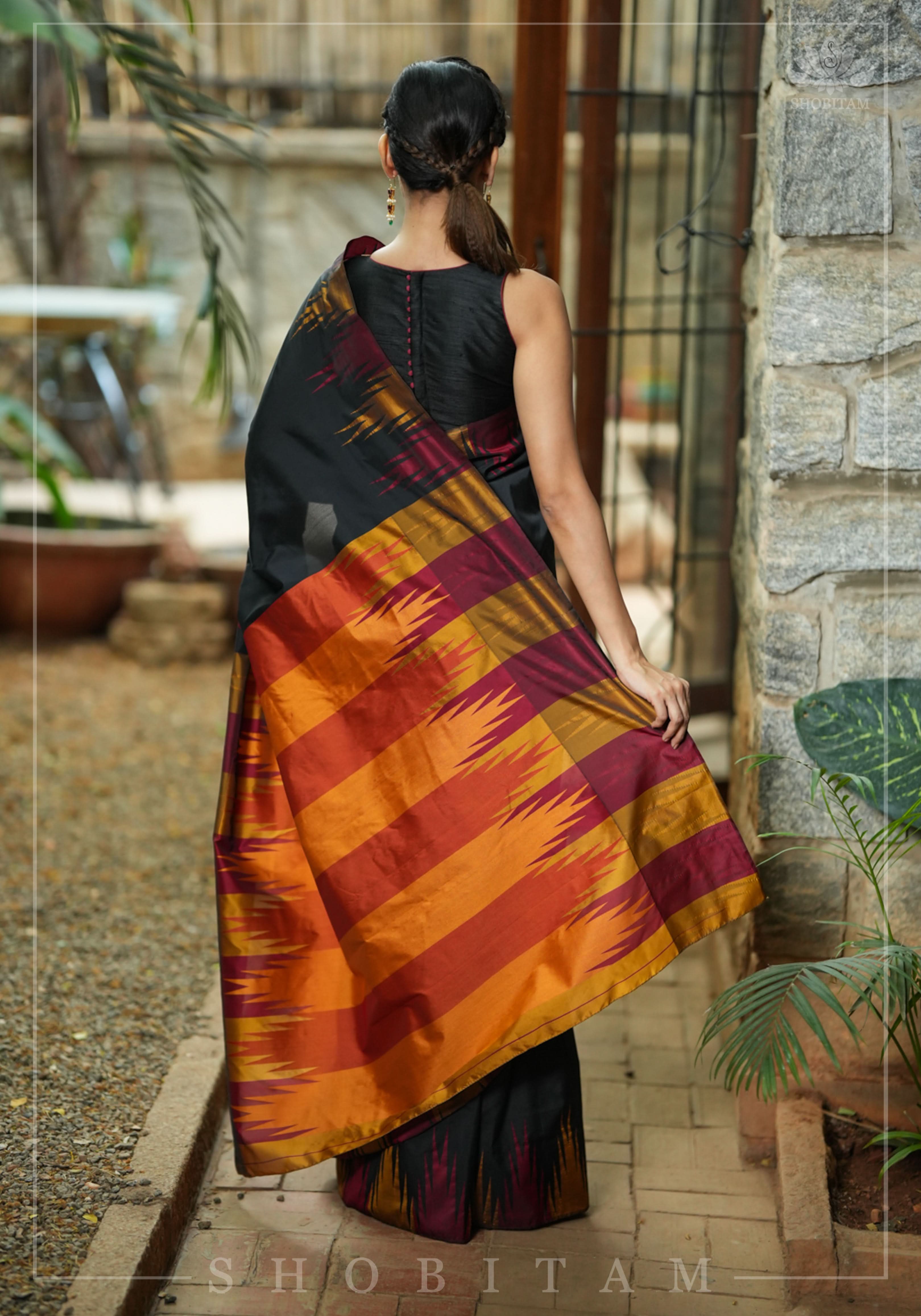 Two tone, Two side Temple Border on black Art Silk Saree | Shobitam