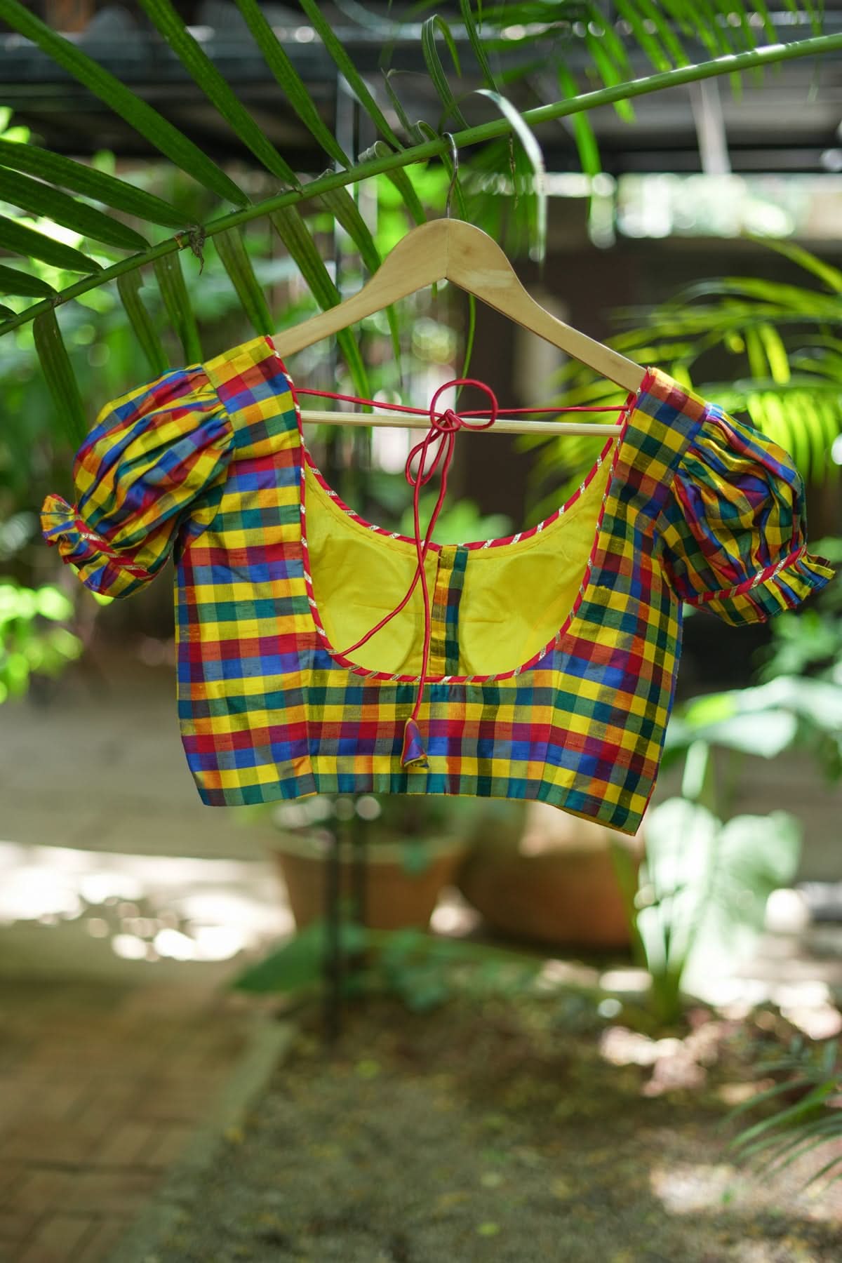 Multicolor small checked pure rawsilk u neck blouse with puff sleeves | Shobitam