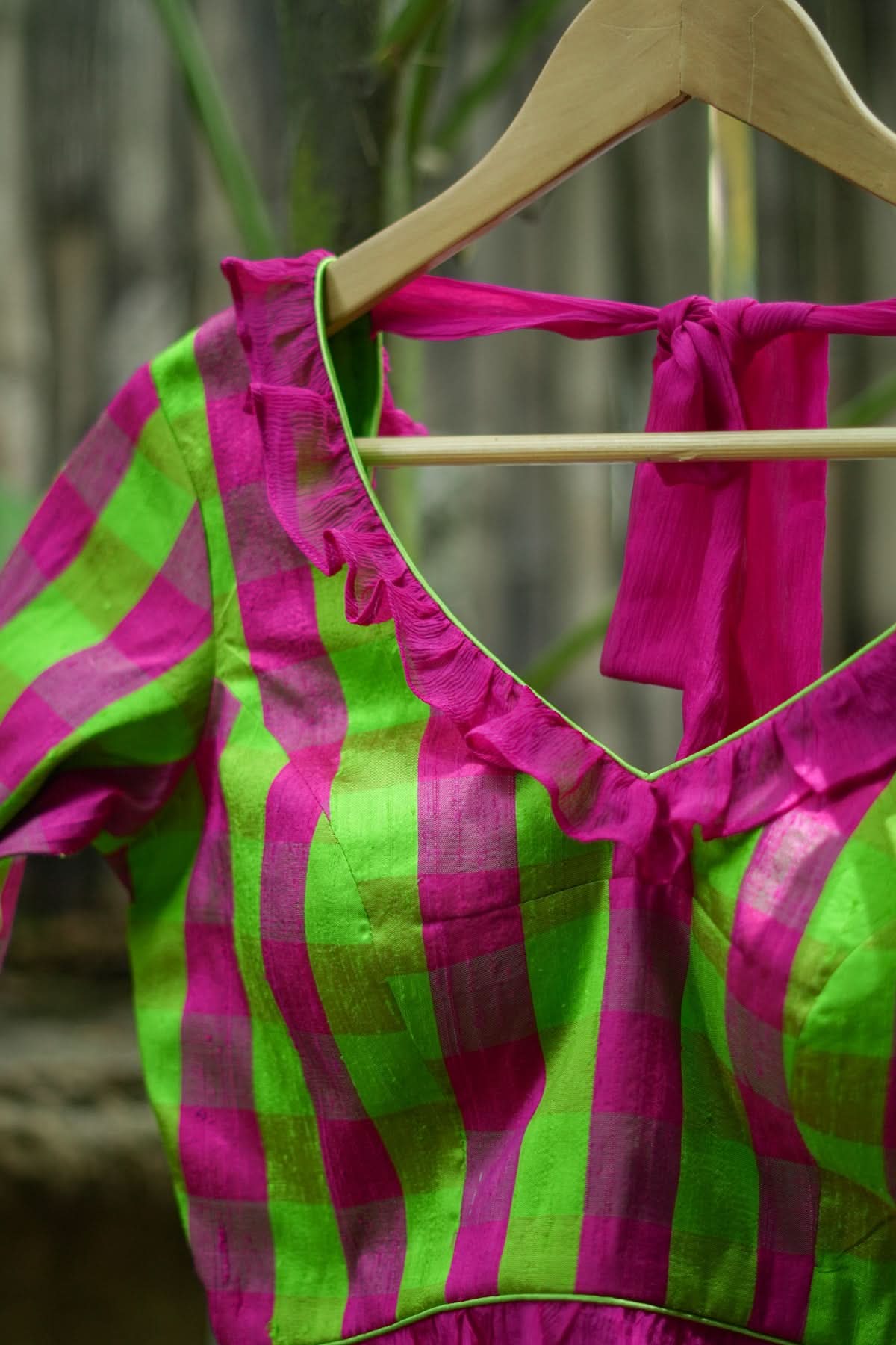 Green pink checked pure raw silk V neck blouse with chiffon frills | Shobitam