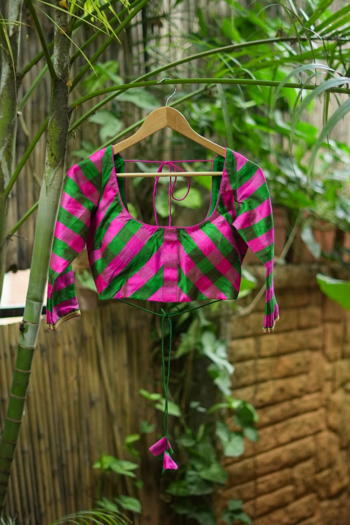 Emerald pink checked pure raw silk U neck blouse | Shobitam