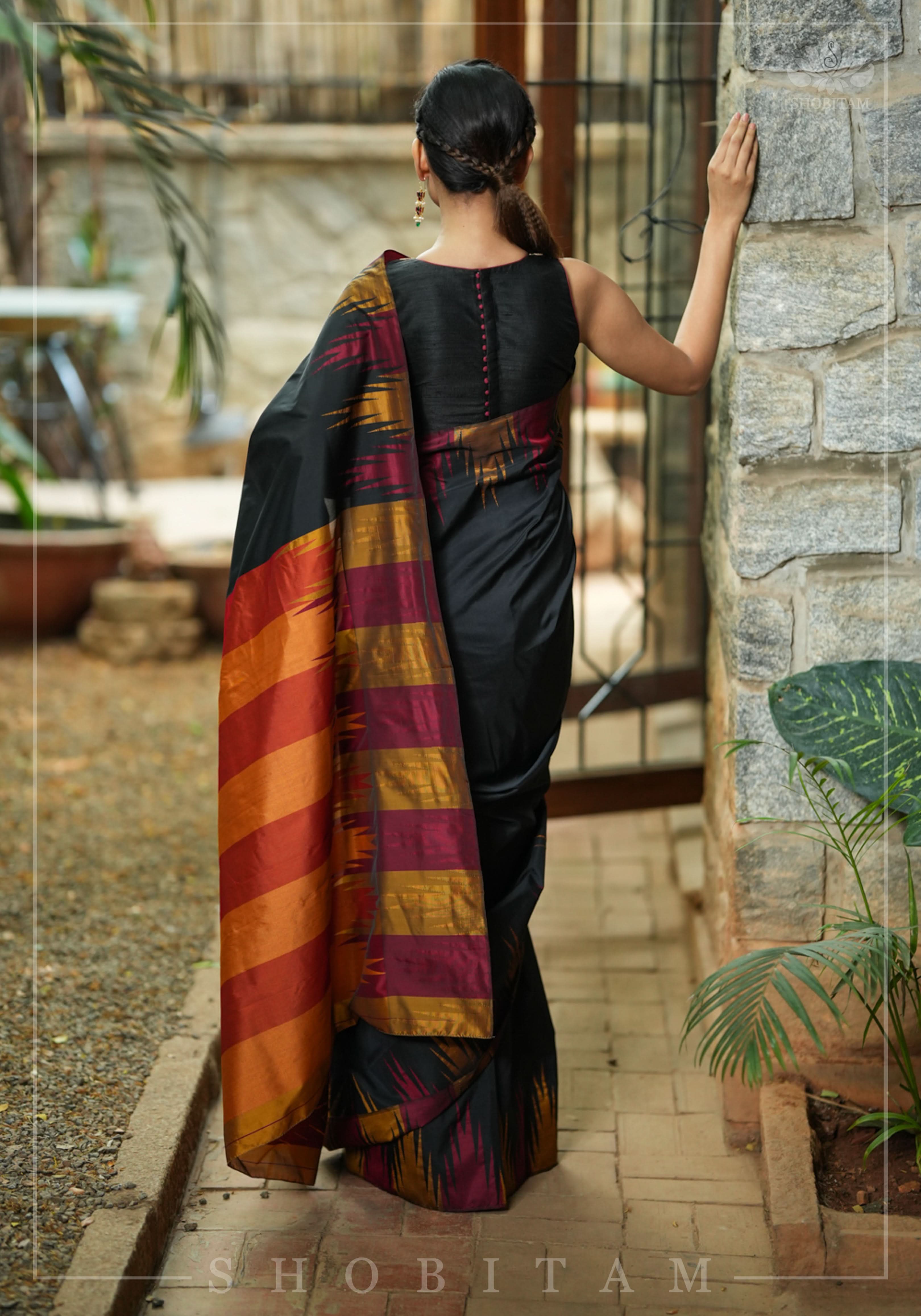 Two tone, Two side Temple Border on black Art Silk Saree | Shobitam