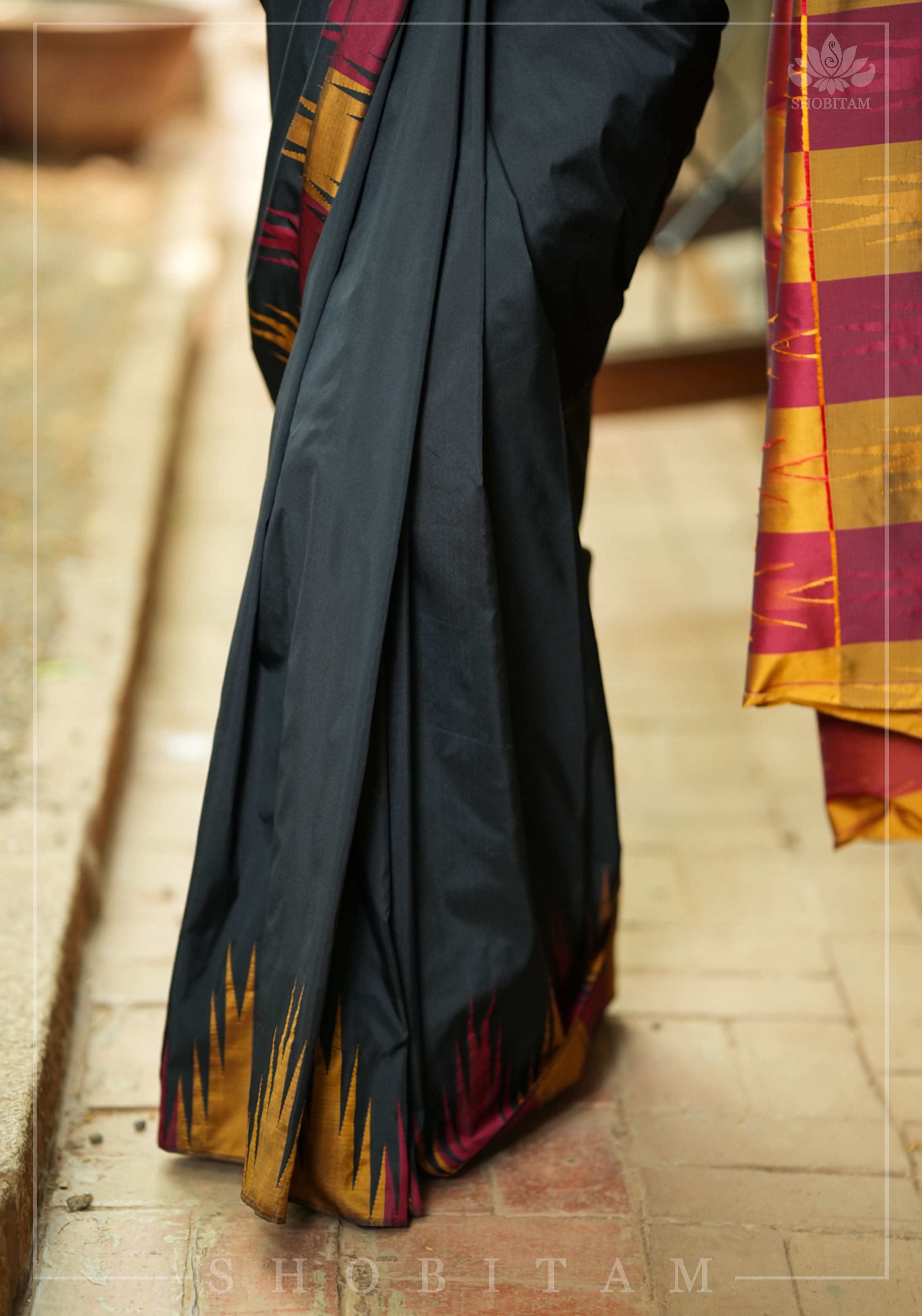 Two tone, Two side Temple Border on black Art Silk Saree | Shobitam