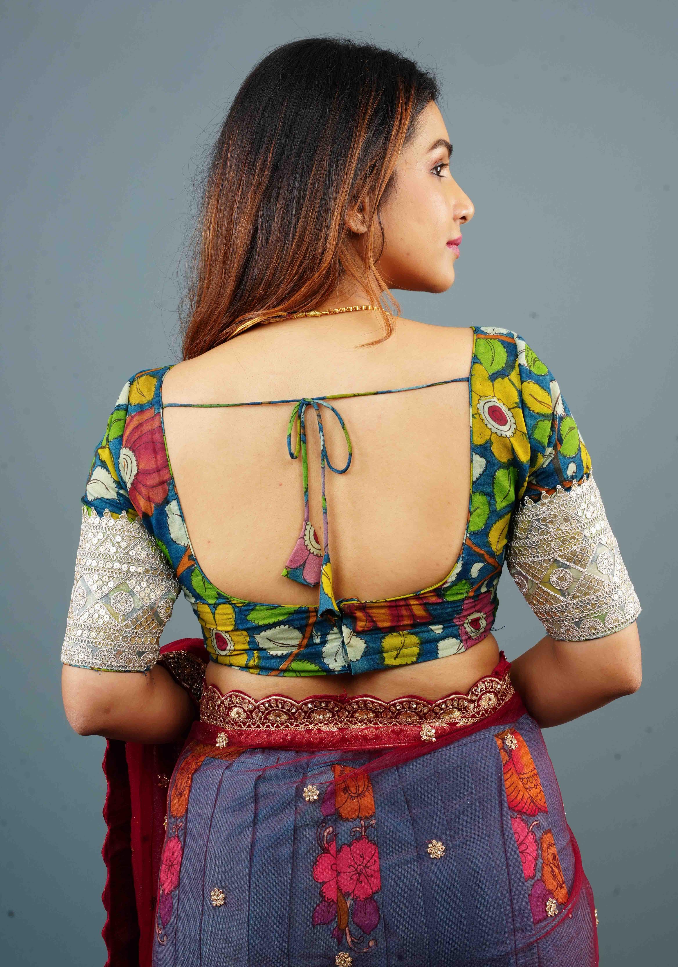 Blue Authentic Pen Kalamkari Scoop Neck Blouse with wide Lace Border on sleeves, Customizable, Made to Order | Shobitam