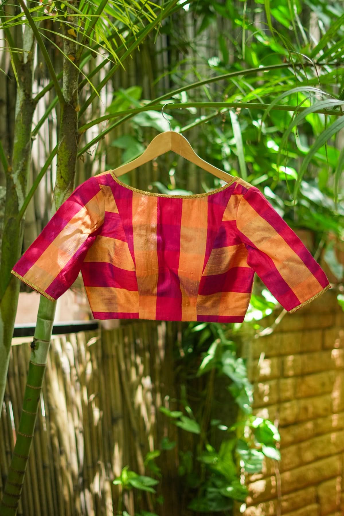 Orange reddish pink checked pure rawsilk boatneck blouse | Shobitam