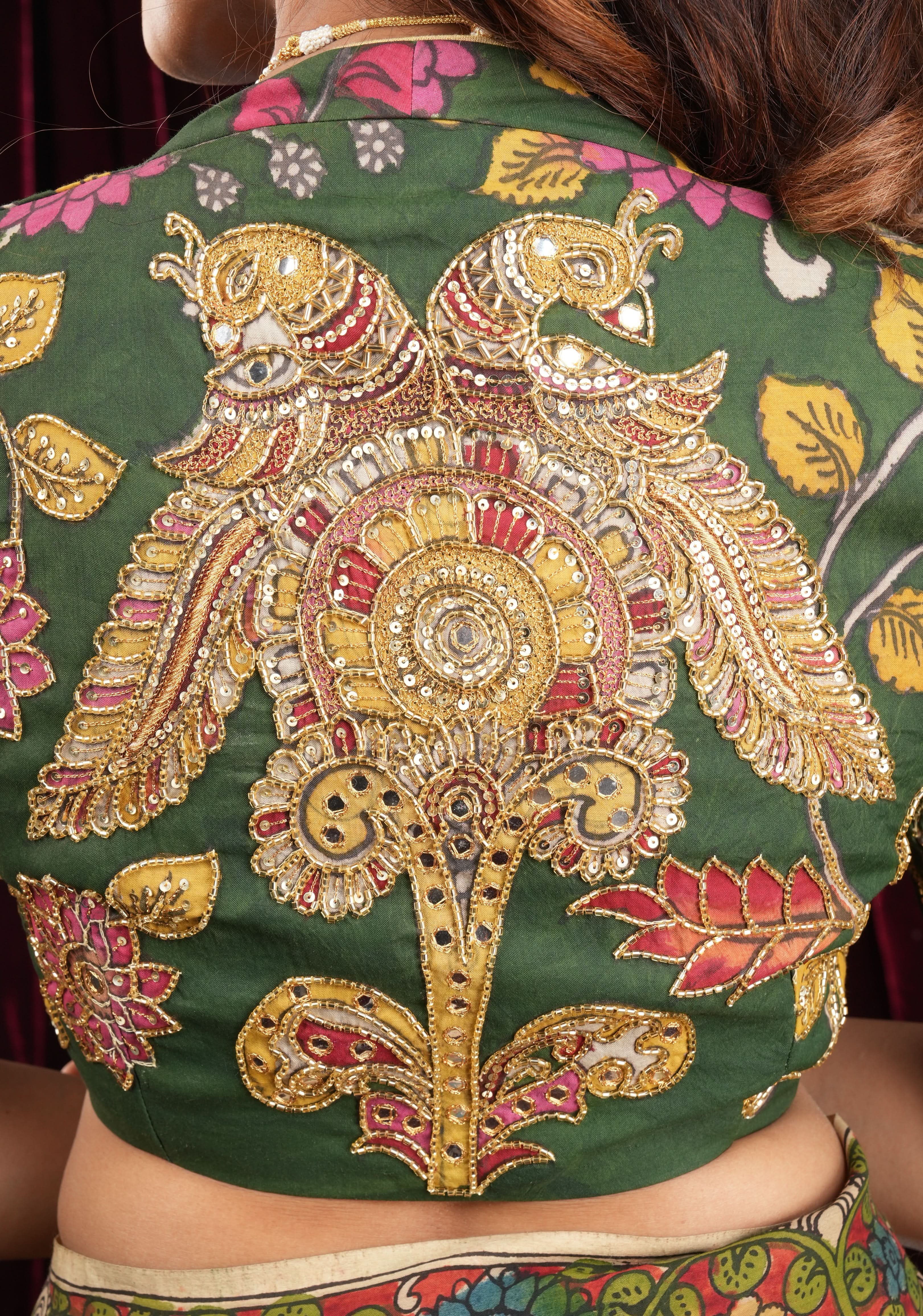 Pure Pen Kalamkari Blouse in olive green with peacock motifs and cutdana sequin hand work | Shobitam