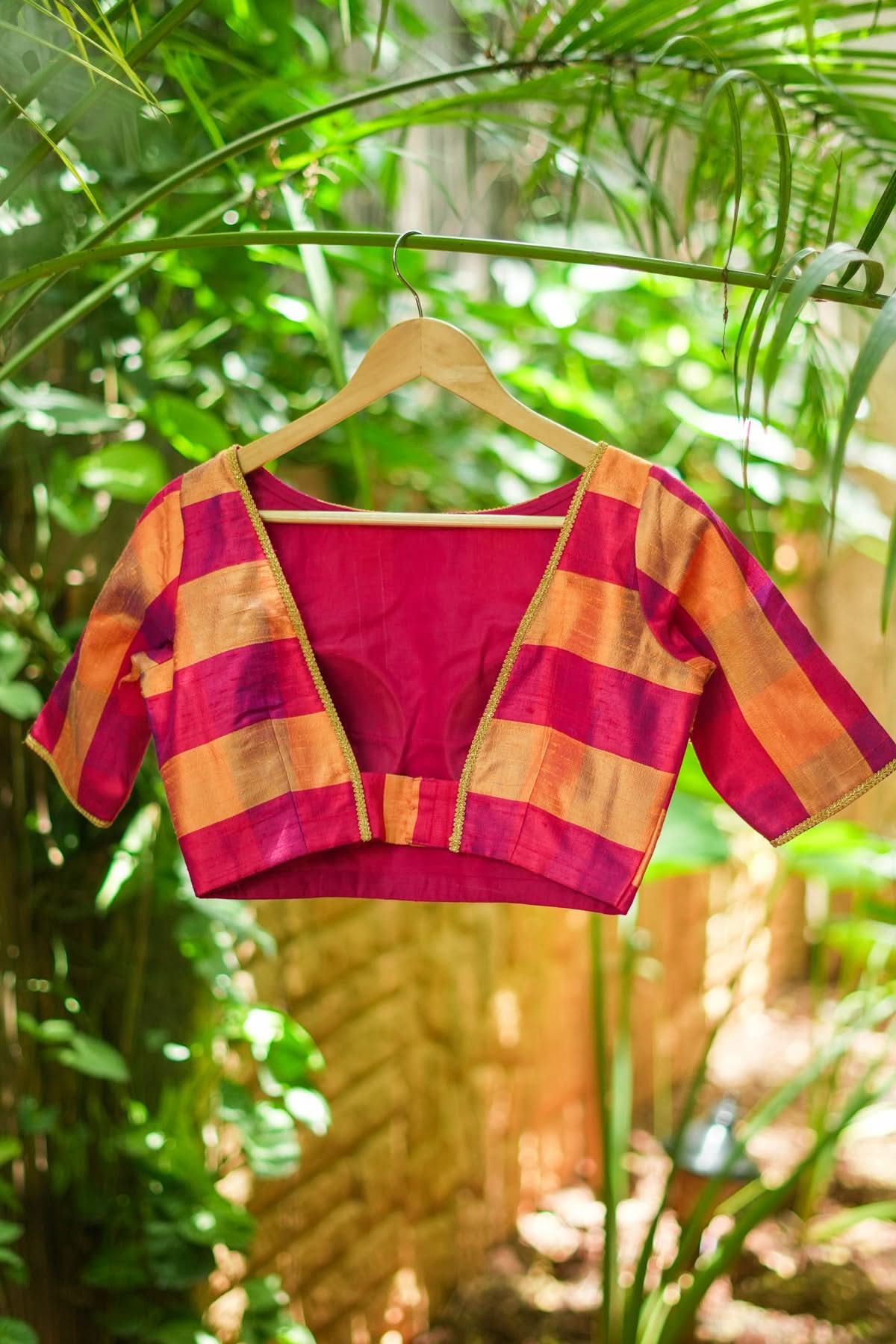 Orange reddish pink checked pure rawsilk boatneck blouse | Shobitam