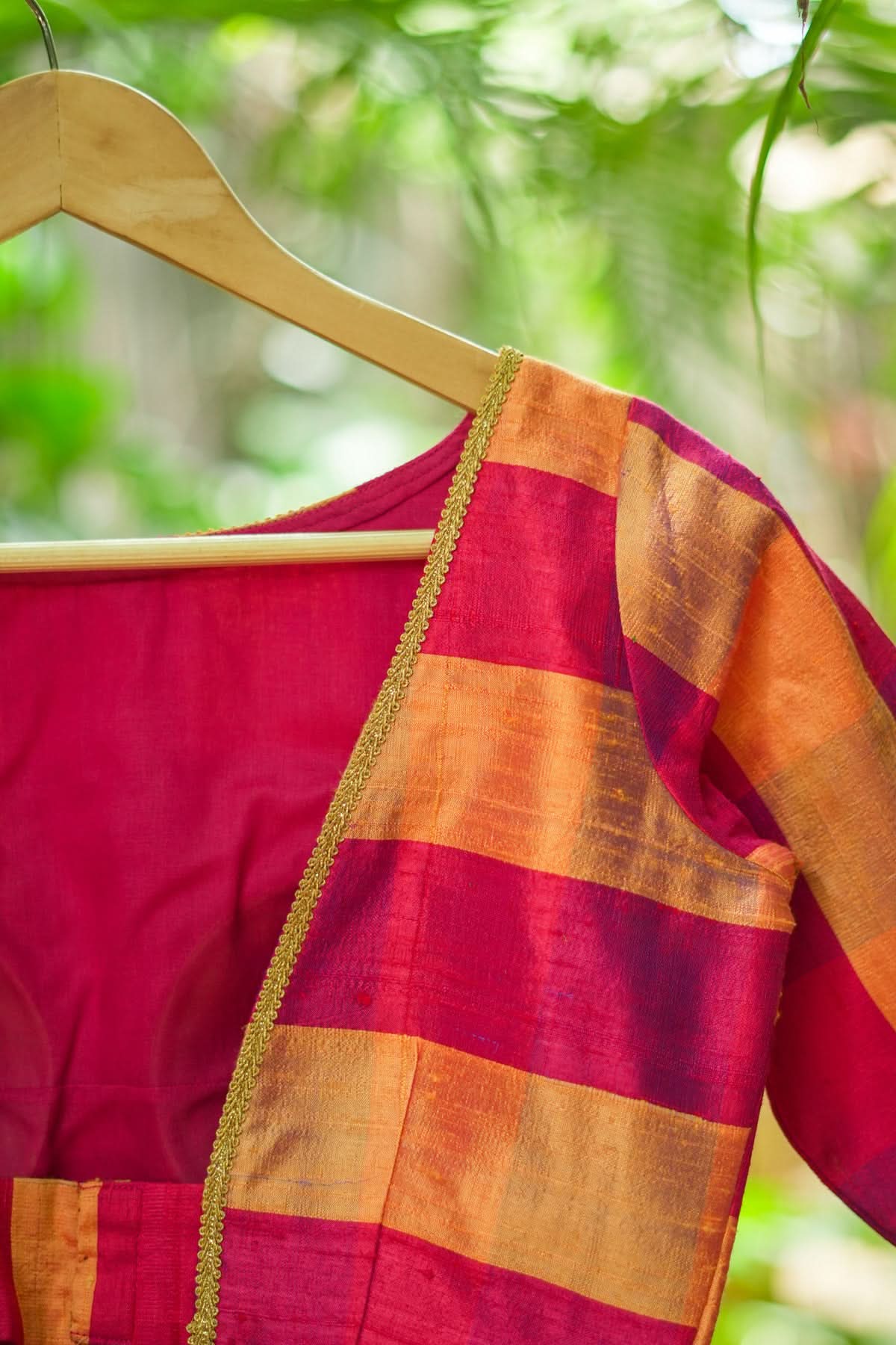 Orange reddish pink checked pure rawsilk boatneck blouse | Shobitam