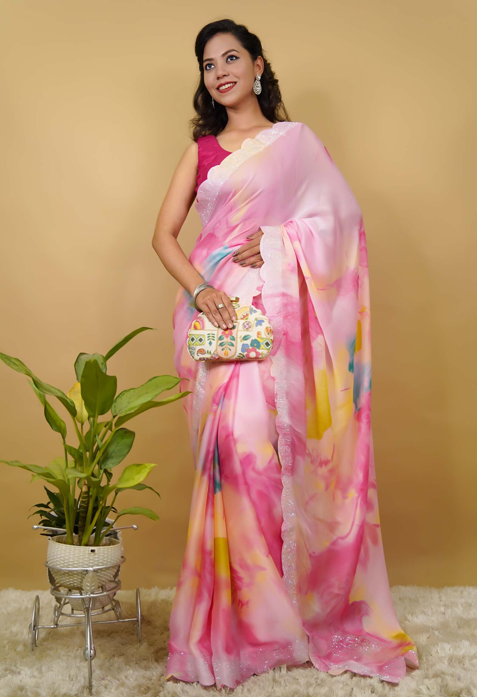 Pink  Shibori combination with beads embellished  and Scalloped  border wrap in one minute saree