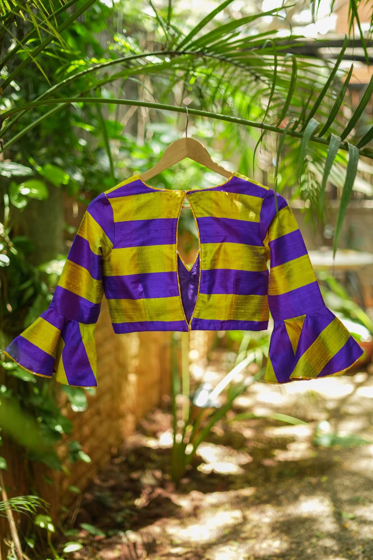 Yellow purple bold stripes design  pure raw silk V neck blouse with bell sleeves | Shobitam