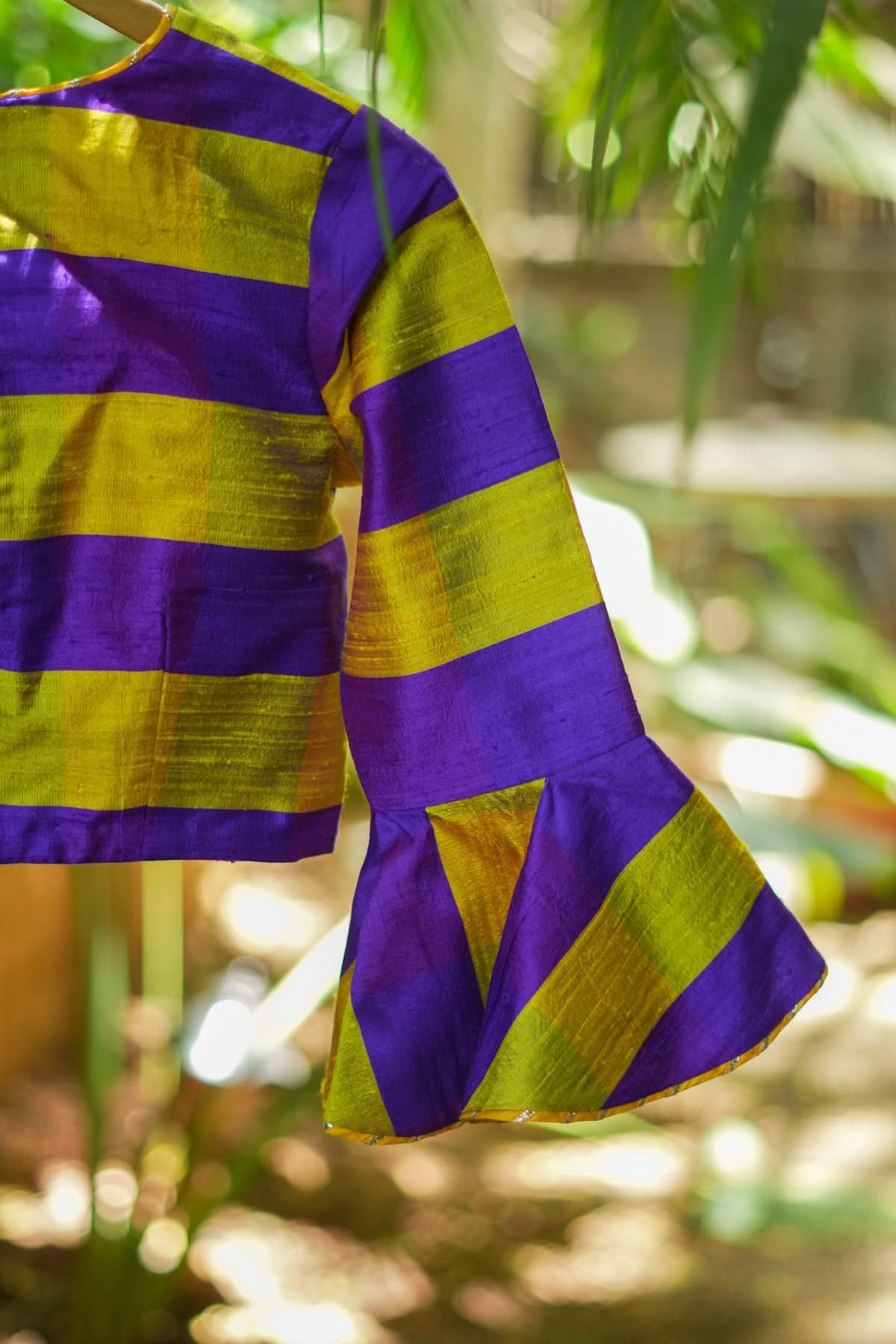 Yellow purple bold stripes design  pure raw silk V neck blouse with bell sleeves | Shobitam