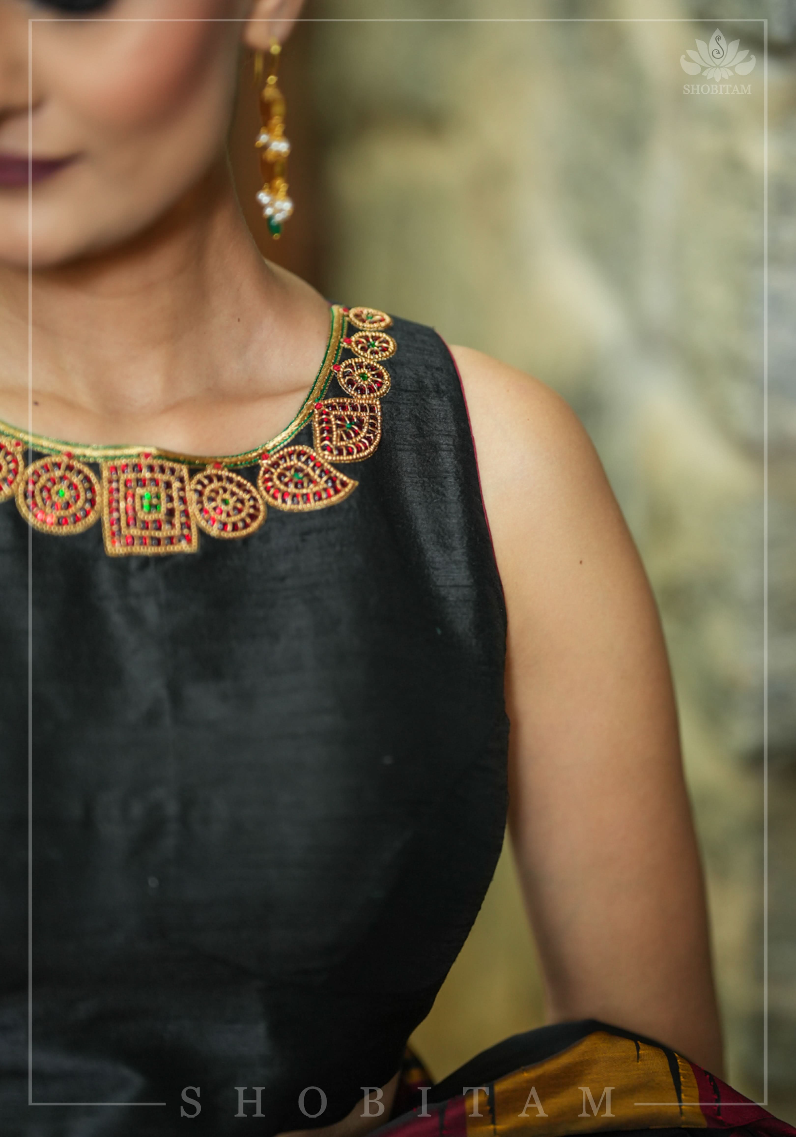 Necklace Design Jadau Ornamental Blouse in Pure Raw Silk | Shobitam