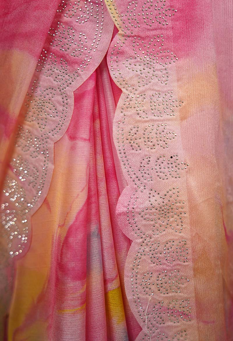 Pink  Shibori combination with beads embellished  and Scalloped  border wrap in one minute saree