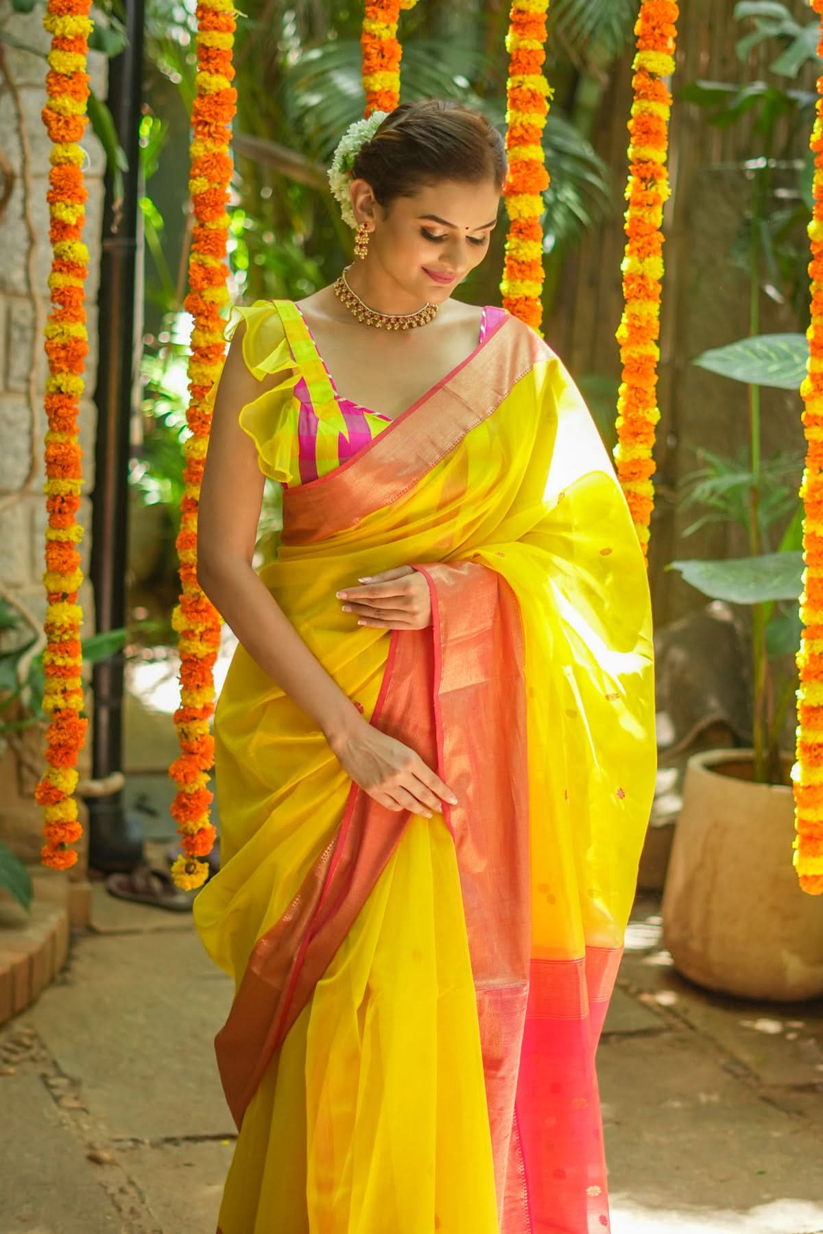 Handwoven Maheshwari Silk Cotton Saree in Yellow and Pink with zari borders | Shobitam