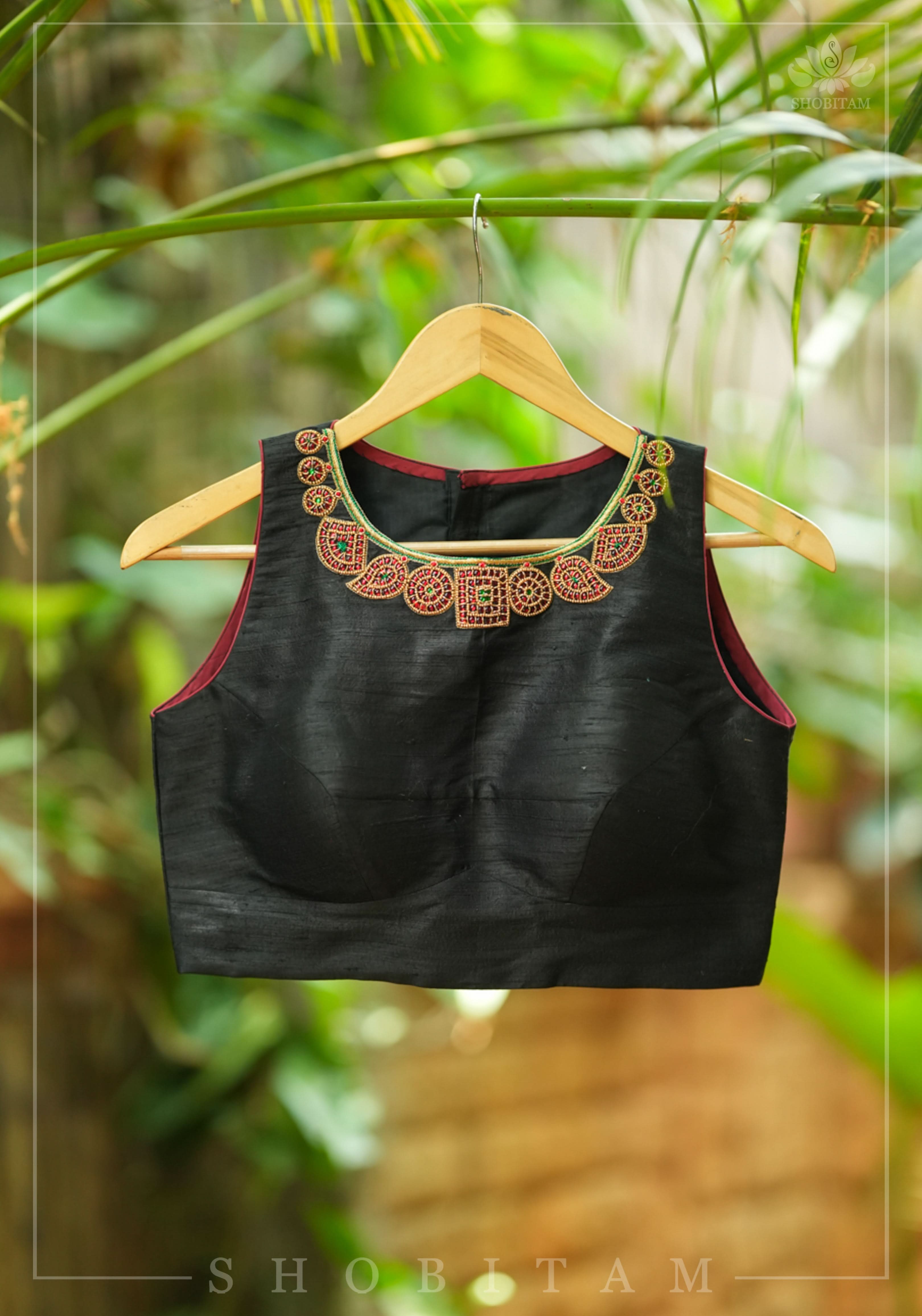Necklace Design Jadau Ornamental Blouse in Pure Raw Silk | Shobitam