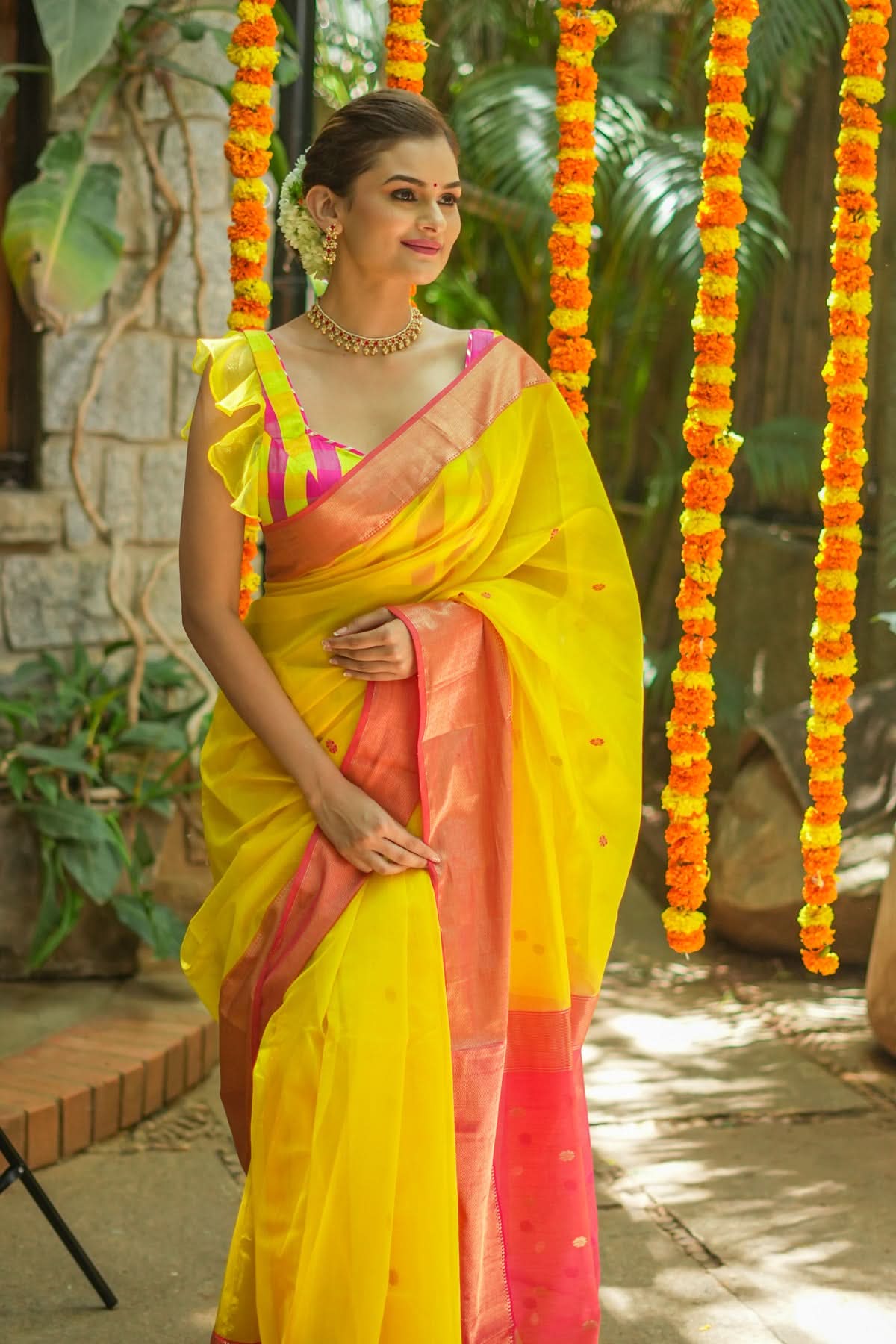 Handwoven Maheshwari Silk Cotton Saree in Yellow and Pink with zari borders | Shobitam