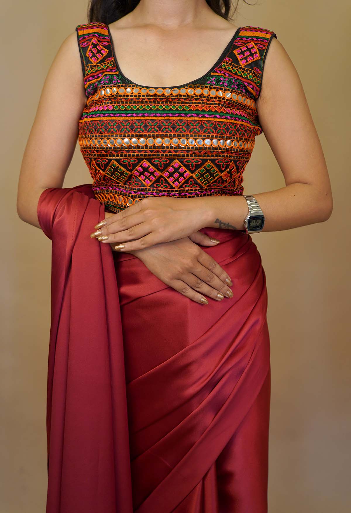 Colorful Thread Embroidered With Mirror Embellished  Gujarati style U Neck With Padded Blouse